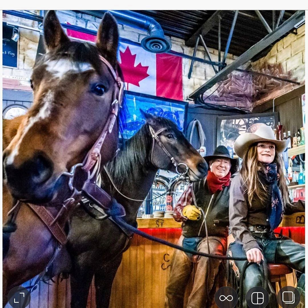 Two horses inside a rustic bar with riders and a Canadian flag in the background.