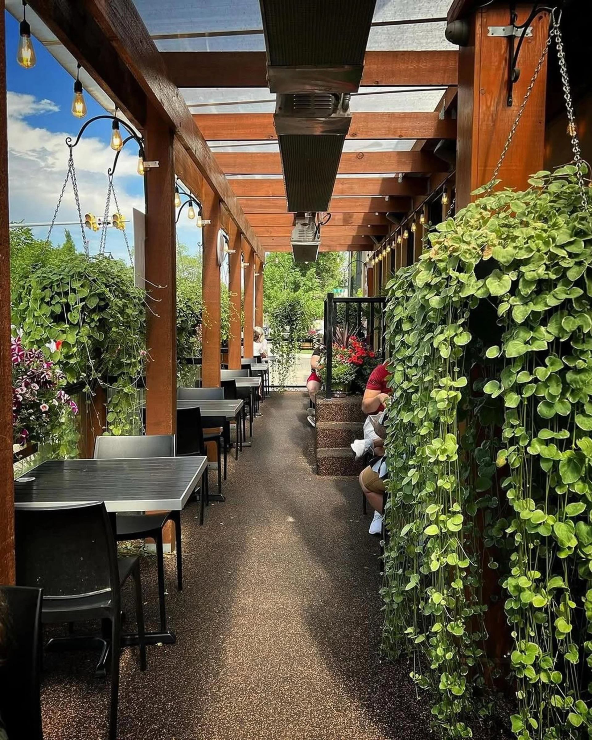 Restaurant patio with wooden beams, hanging plants, black tables and overhead heaters.