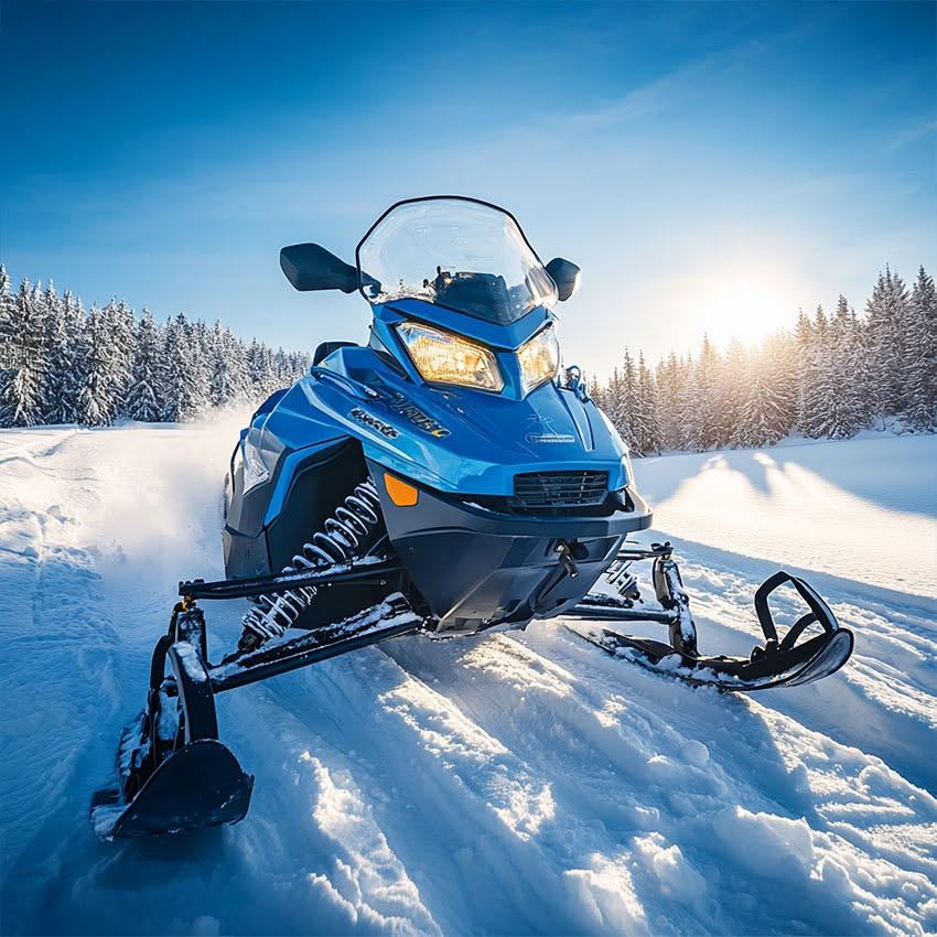 Blue snowmobile on a snowy trail surrounded by snow-covered evergreen trees.