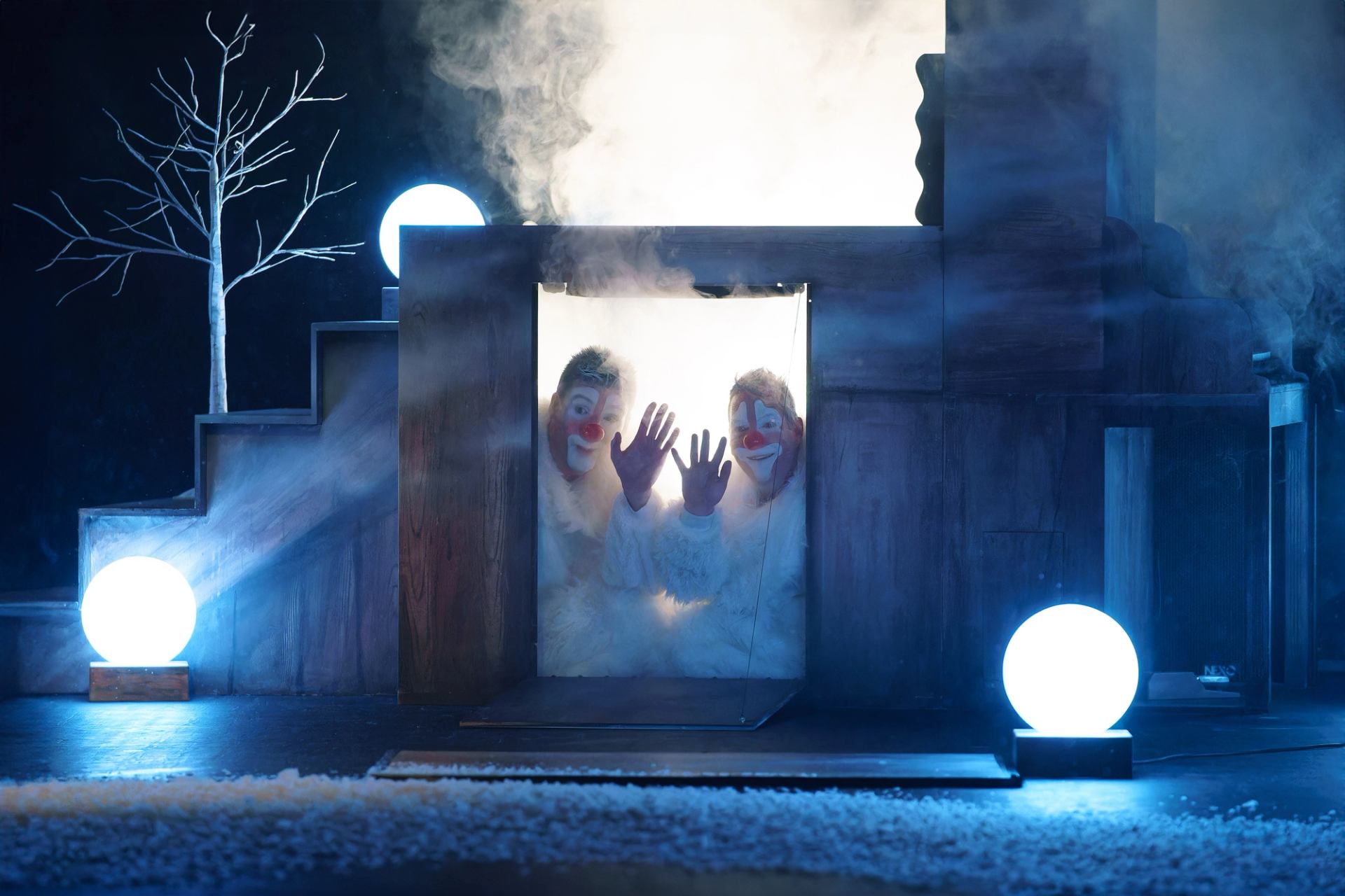 Two clowns in white costumes press hands to glowing doorway on misty stage.