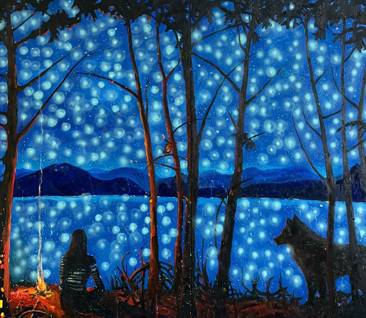 Painting: A person and a wolf by a lake and trees at night, with a campfire and glowing blue orbs in the sky and water.