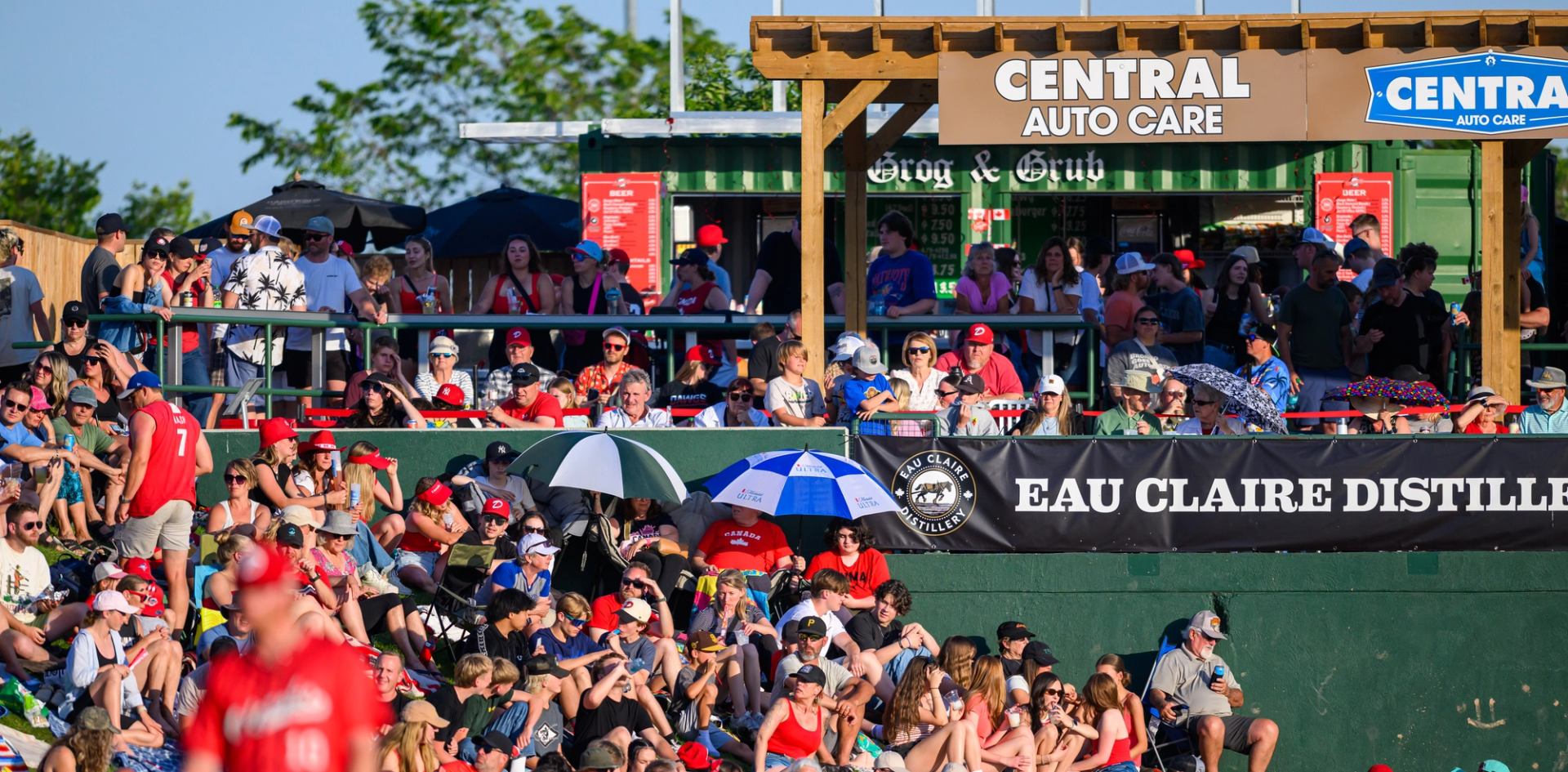Fans gathered in sunny stands at a baseball game with banners and umbrellas.