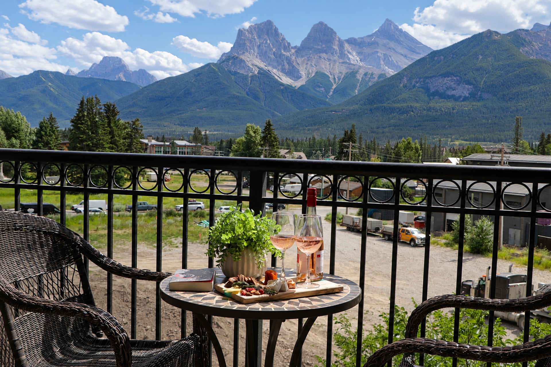 Balcony table with wine and snacks overlooks a town and rugged mountain peaks.