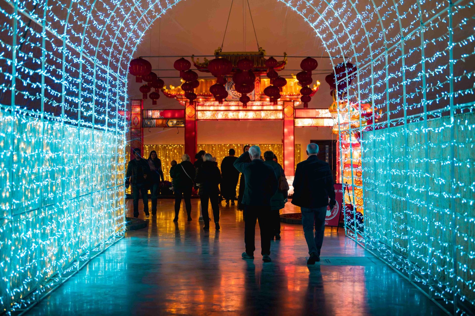 An arch with glowing lights