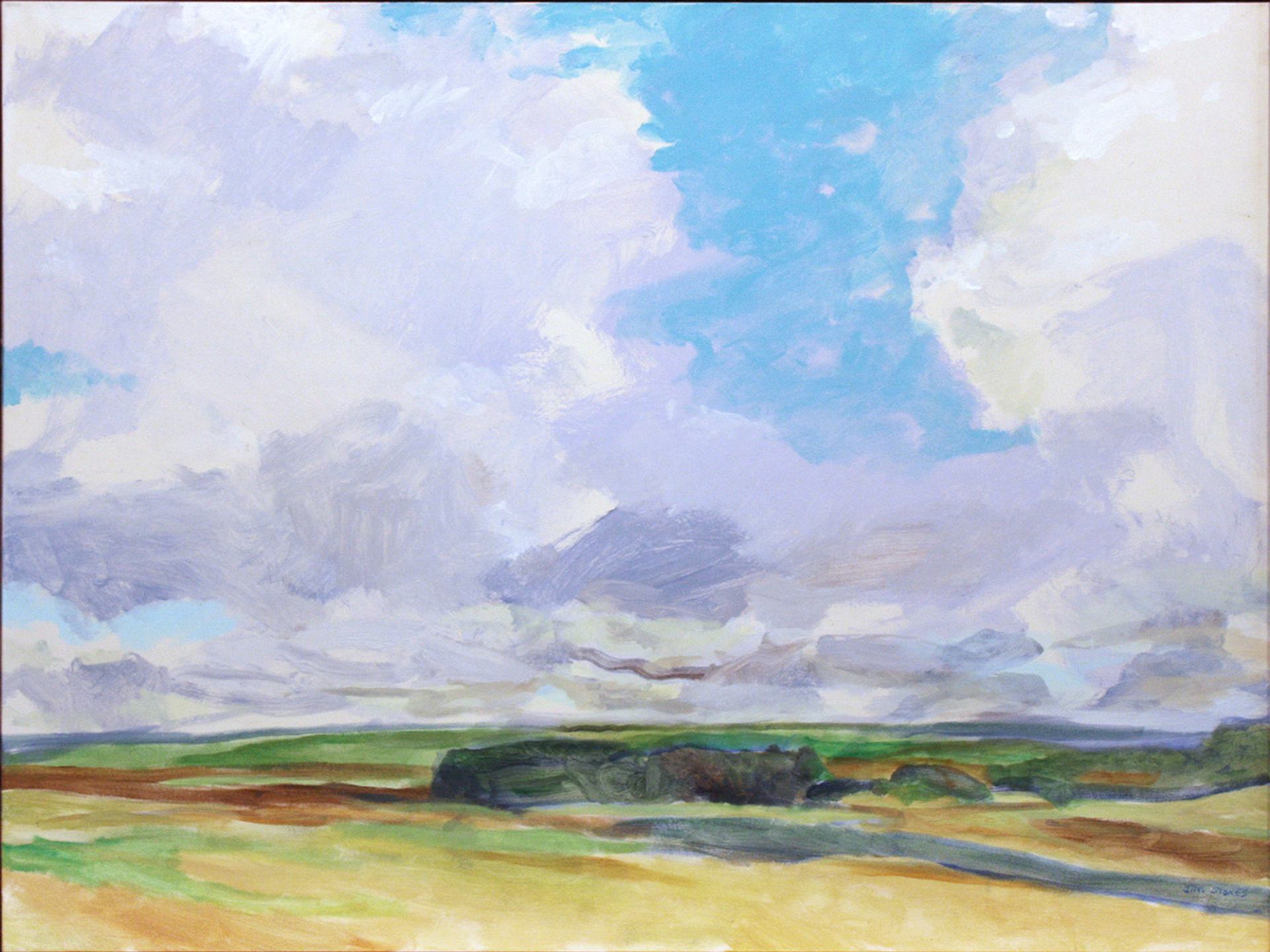Soft pastel landscape with open fields beneath layered clouds and blue sky.