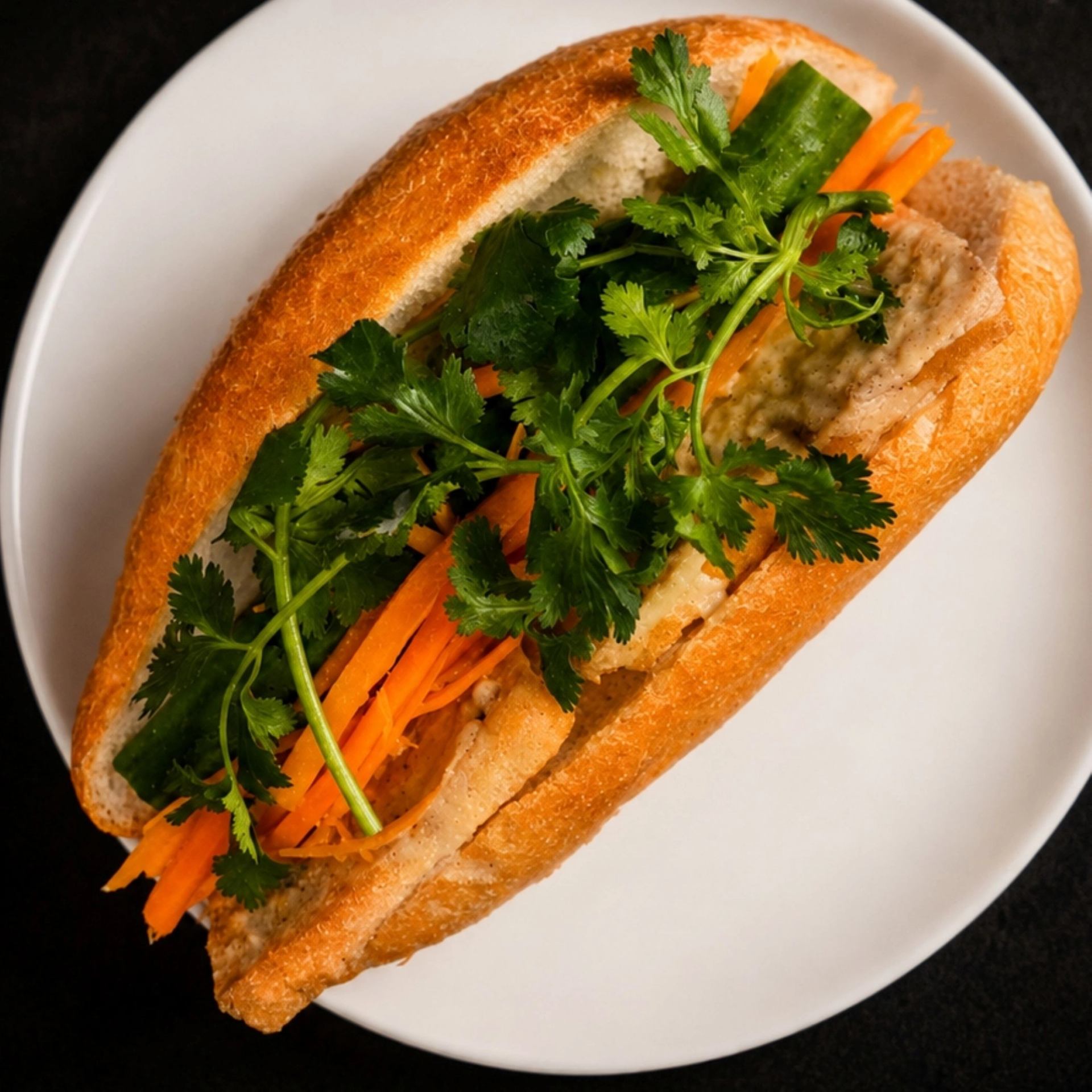 Baguette sandwich on white plate with tofu, shredded carrots and fresh cilantro.