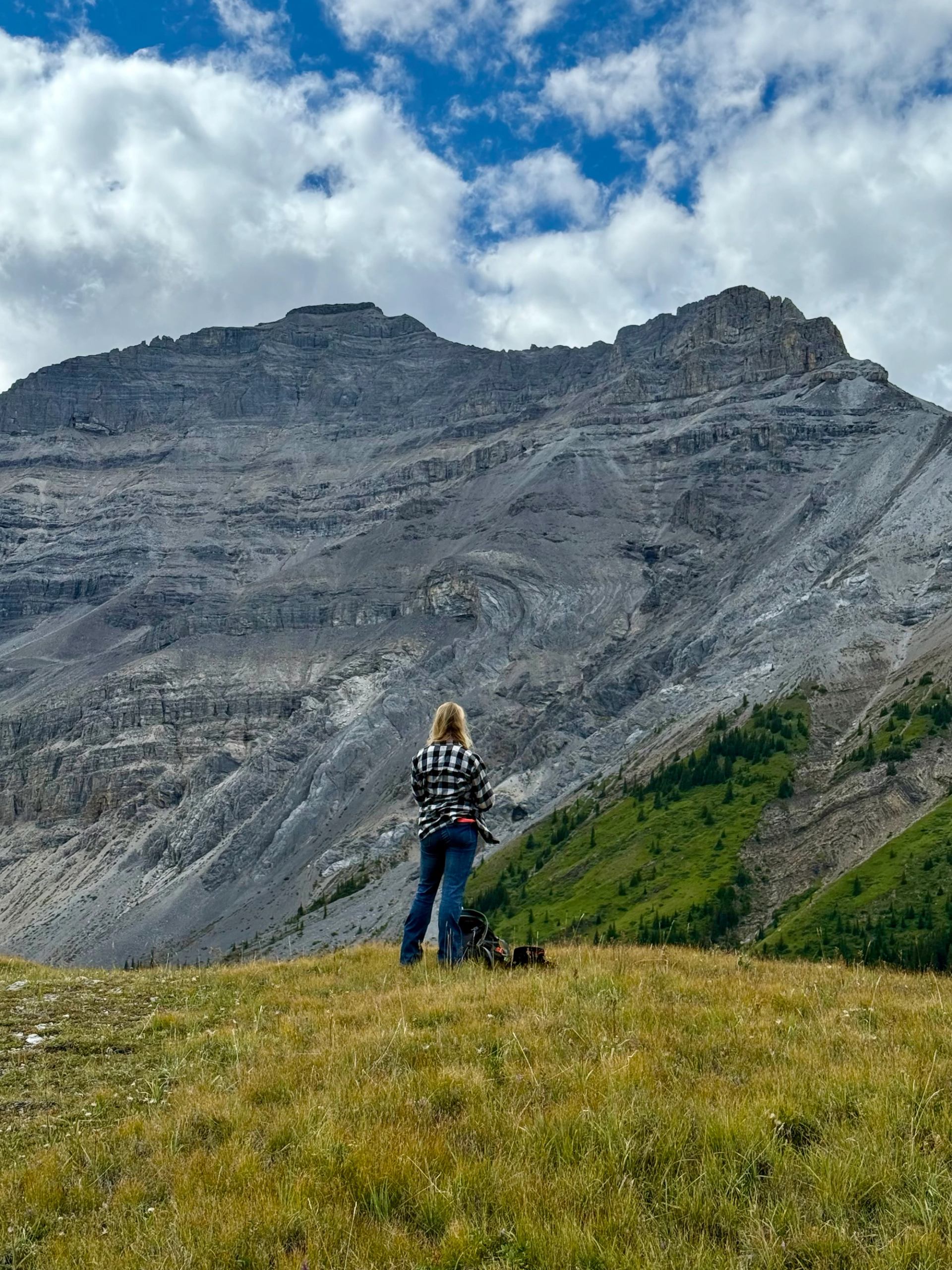 A person standing in an open meadow facing an immense rocky mountain wall.