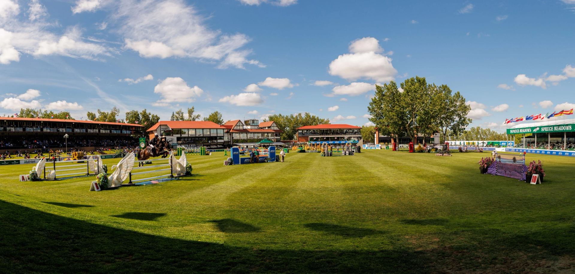 Wide view of the tournament grounds with jumps and spectators under a sunny sky.