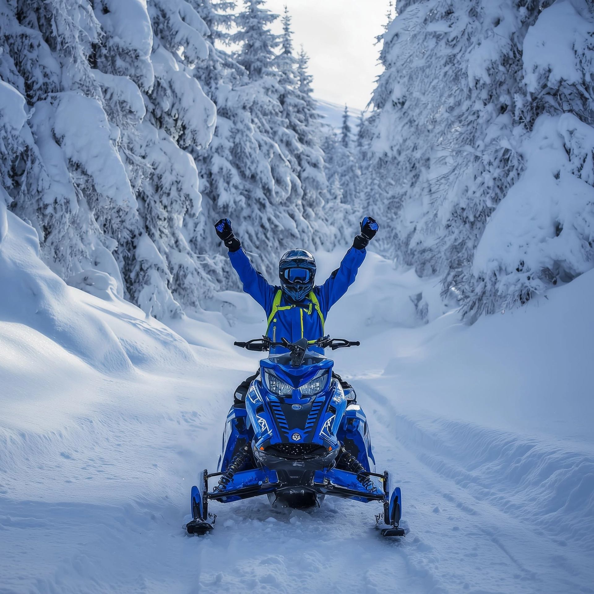 Snowmobiler raises both arms on a snowy trail between snow-covered evergreen trees.