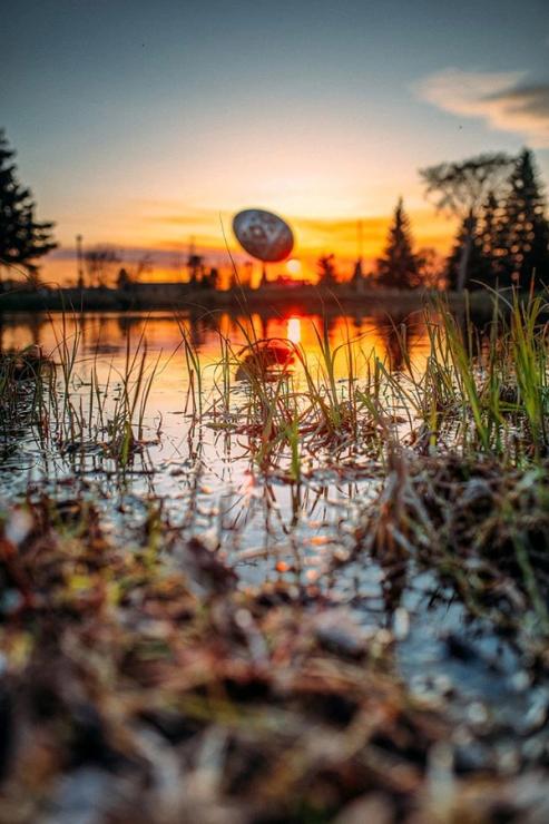 The giant Ukrainian Easter Egg (Pysanka) in Vegreville at sunset.