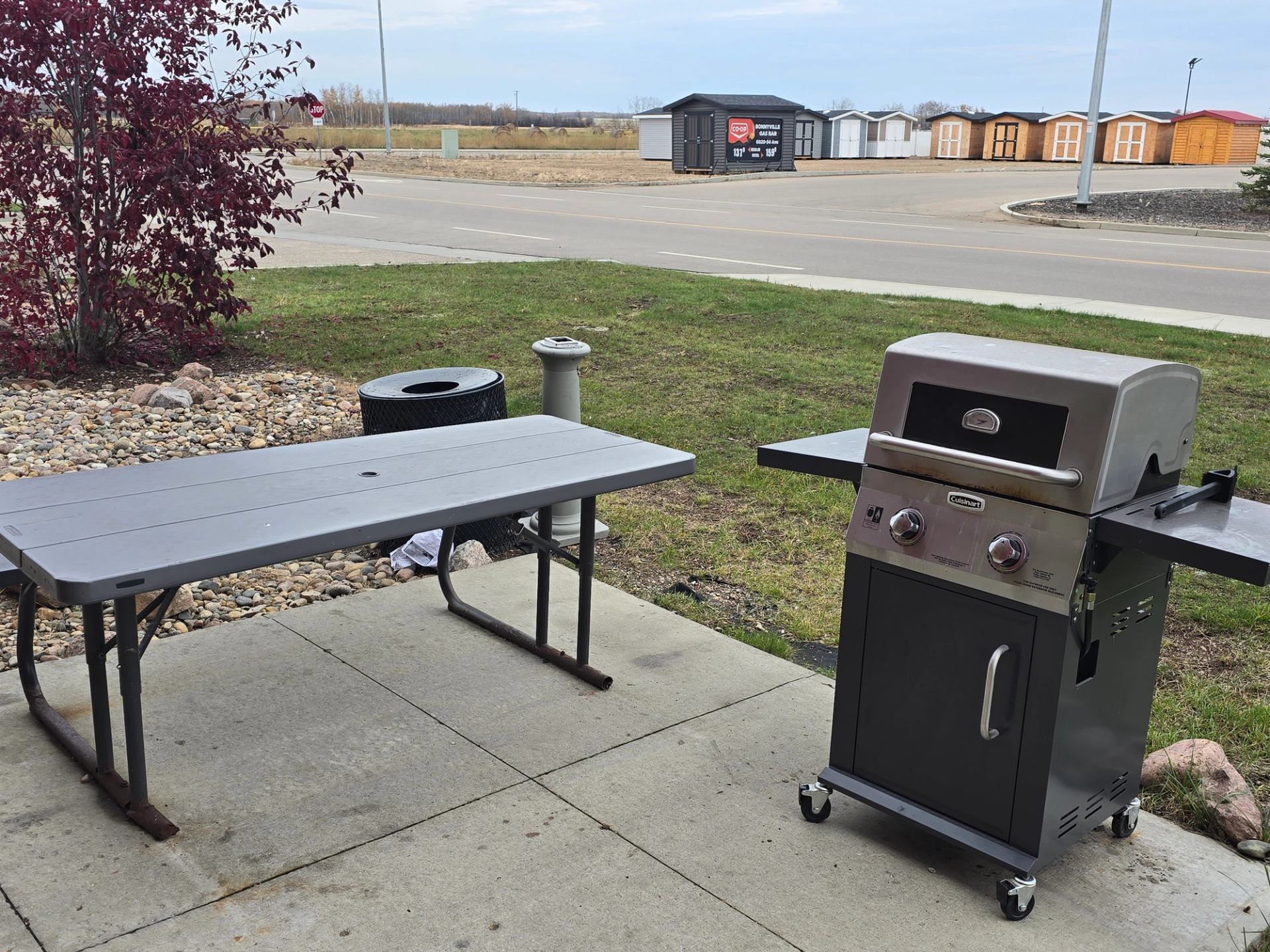 Backyard patio table and Cuisinart gas grill, with storage units and roadway in background.