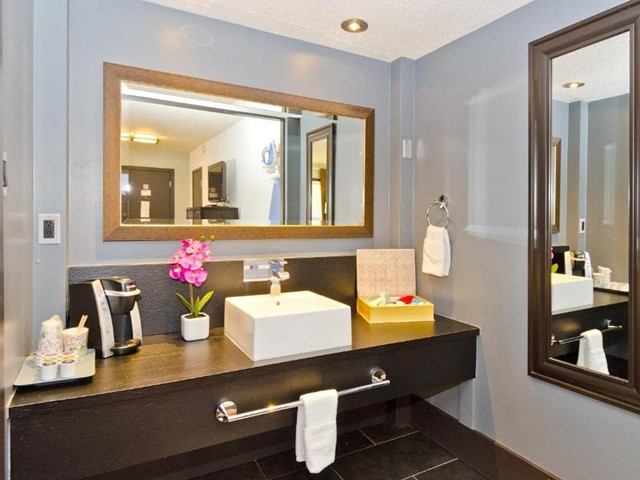 Modern bathroom vanity with square sink, large mirrors, and orchid decor.