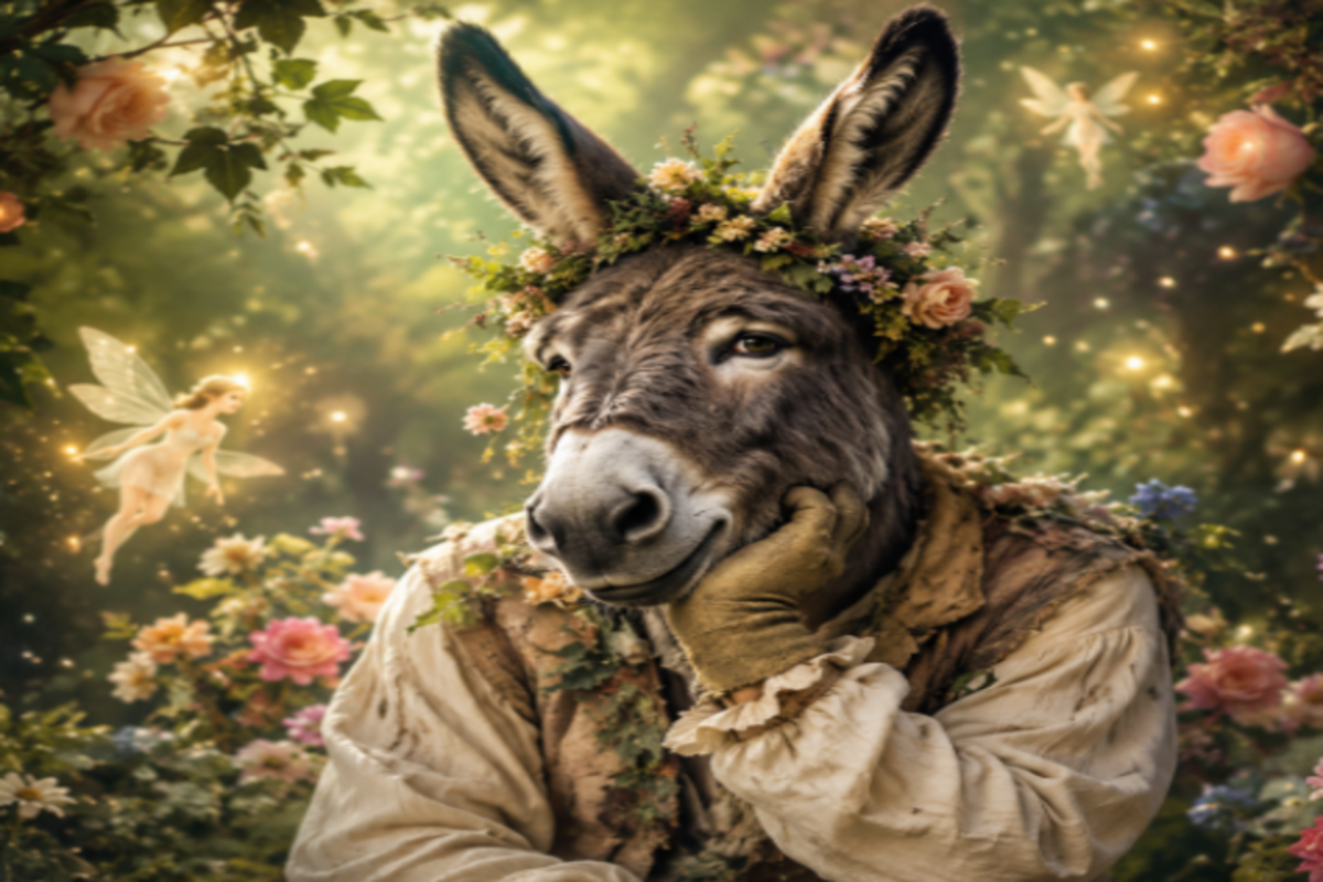 Donkey-headed figure in floral crown and costume surrounded by glowing fairies and flowers.