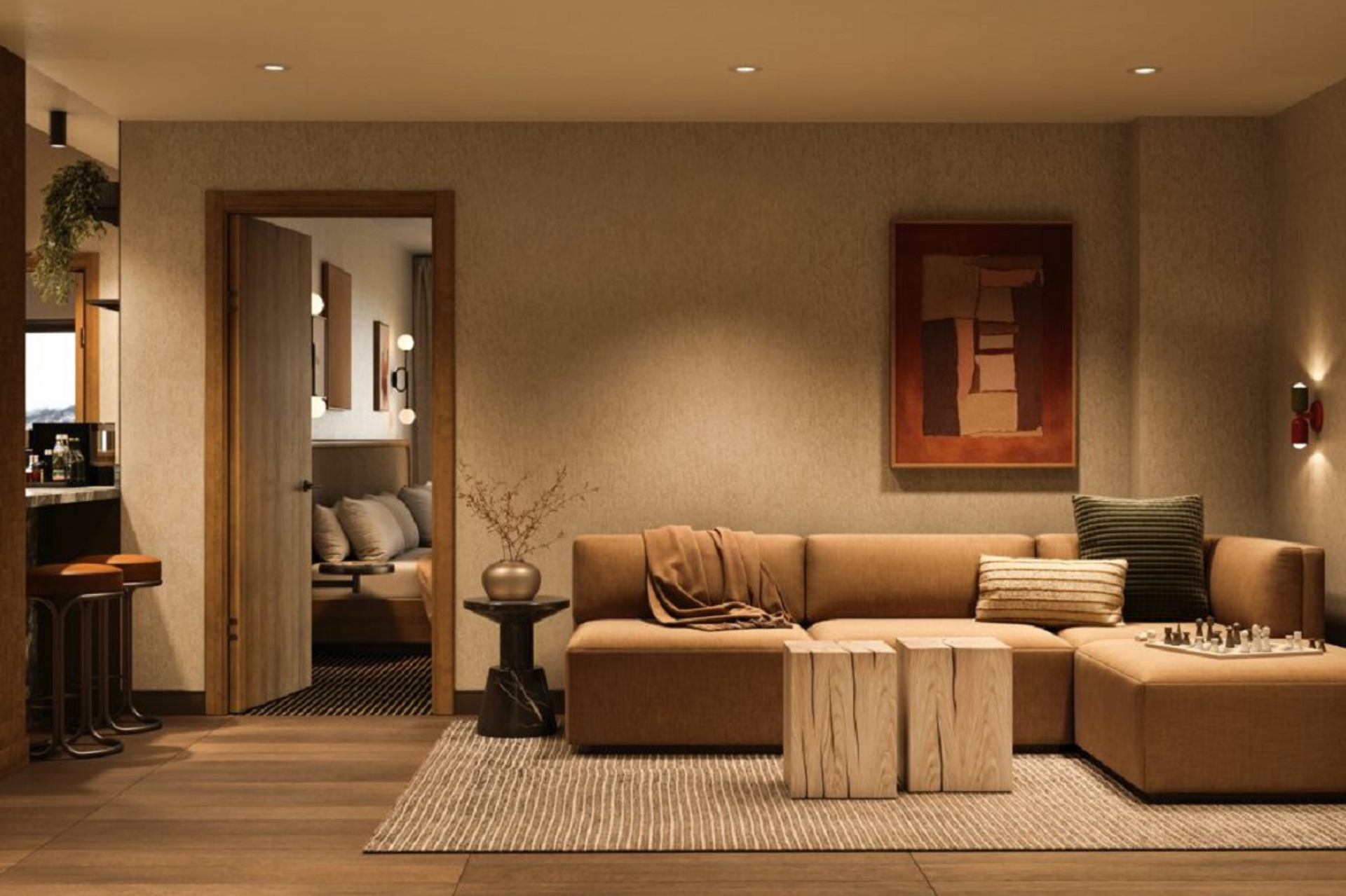 Cozy living room with L-shaped sofa, warm lighting, and abstract wall art.