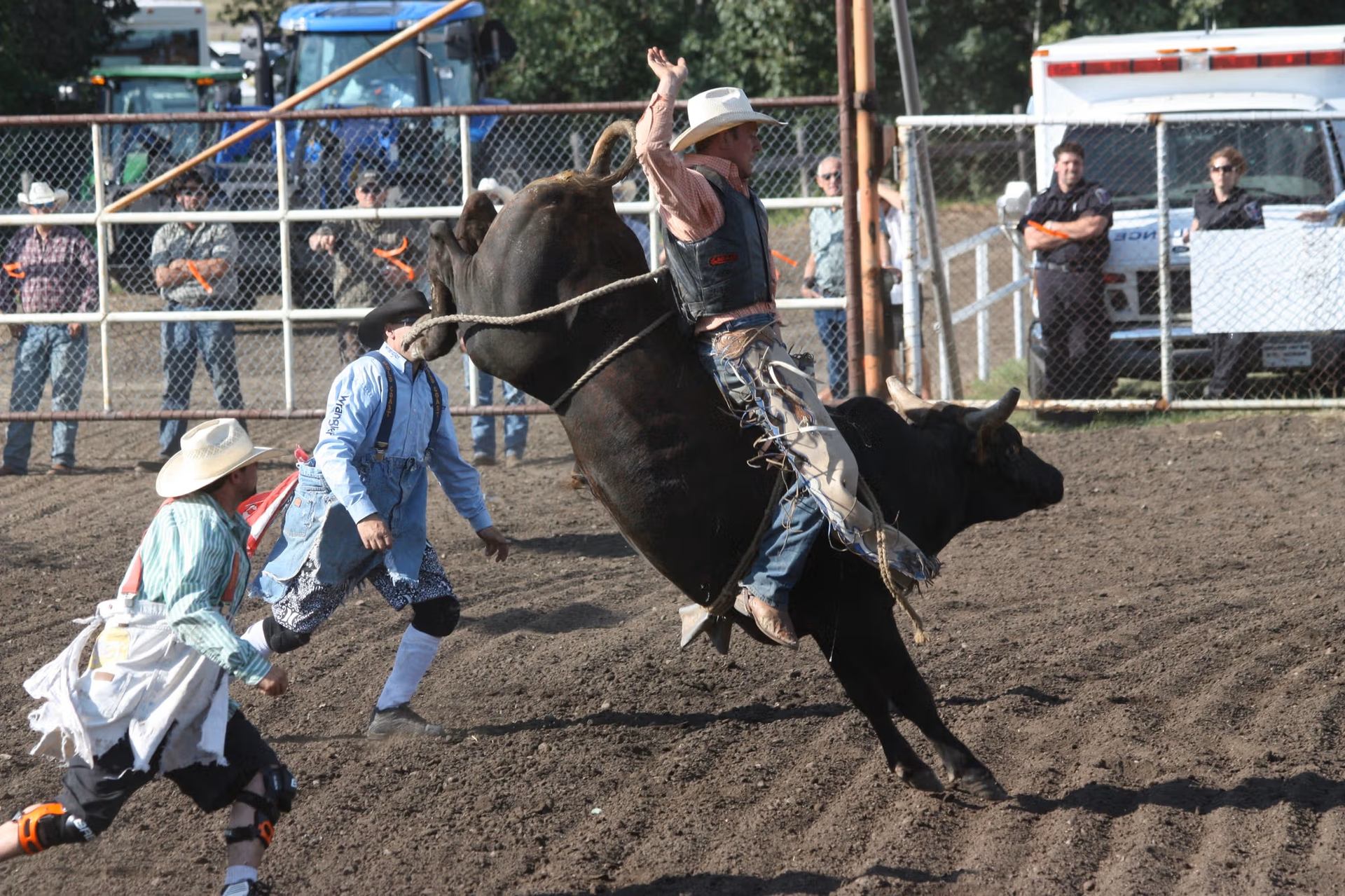 Bull rider hanging on as bull leaps in rodeo arena with rodeo clowns nearby.