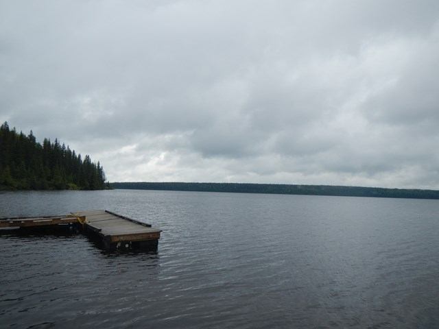 A wooden dock in the lake.
