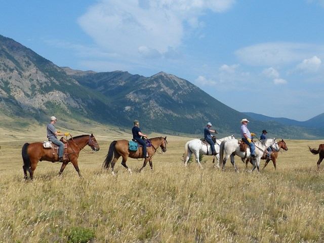 Horseback riders travel through a grassy field with mountains in the background.