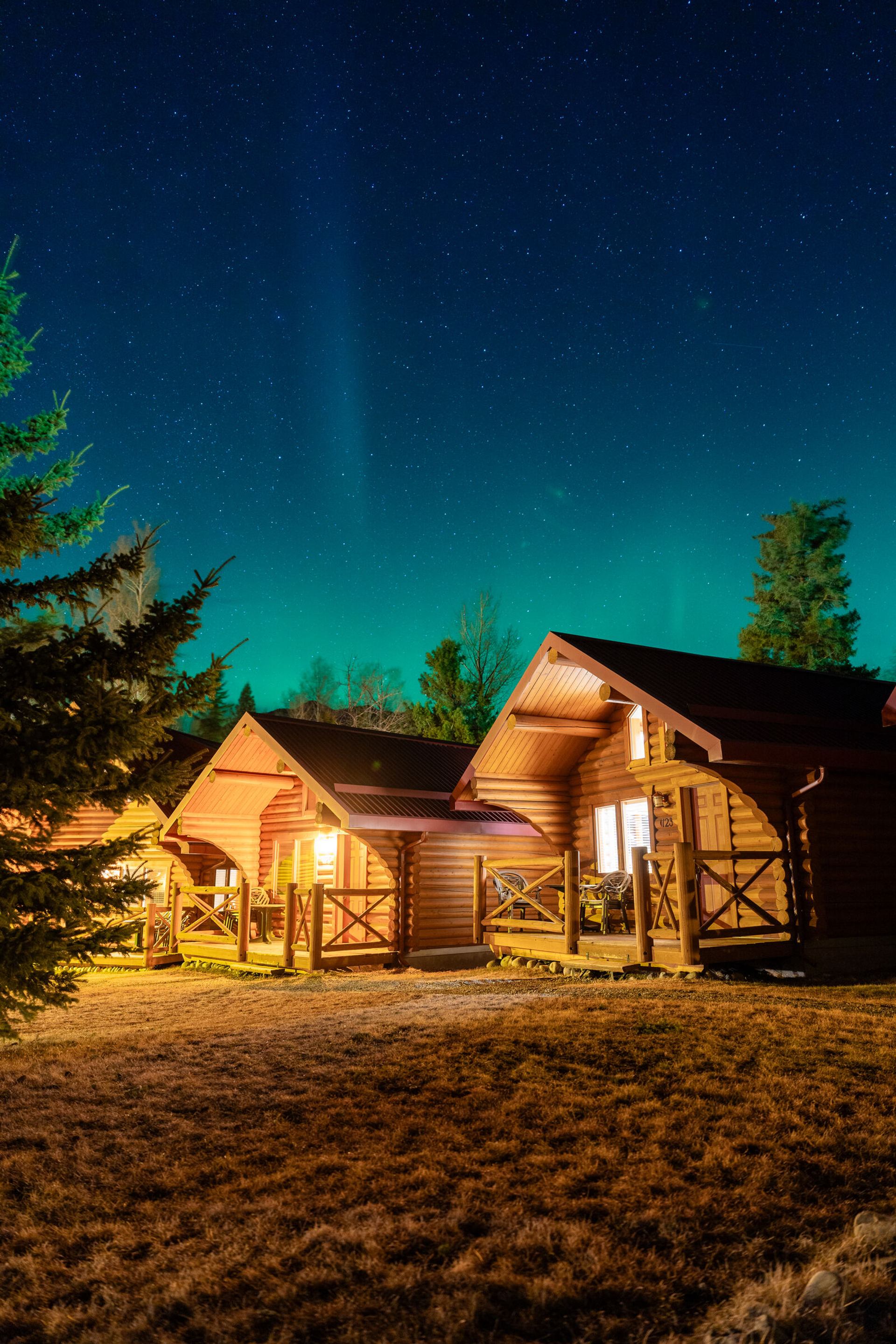 Northern lights abvove the Miette Mountain Cabins.