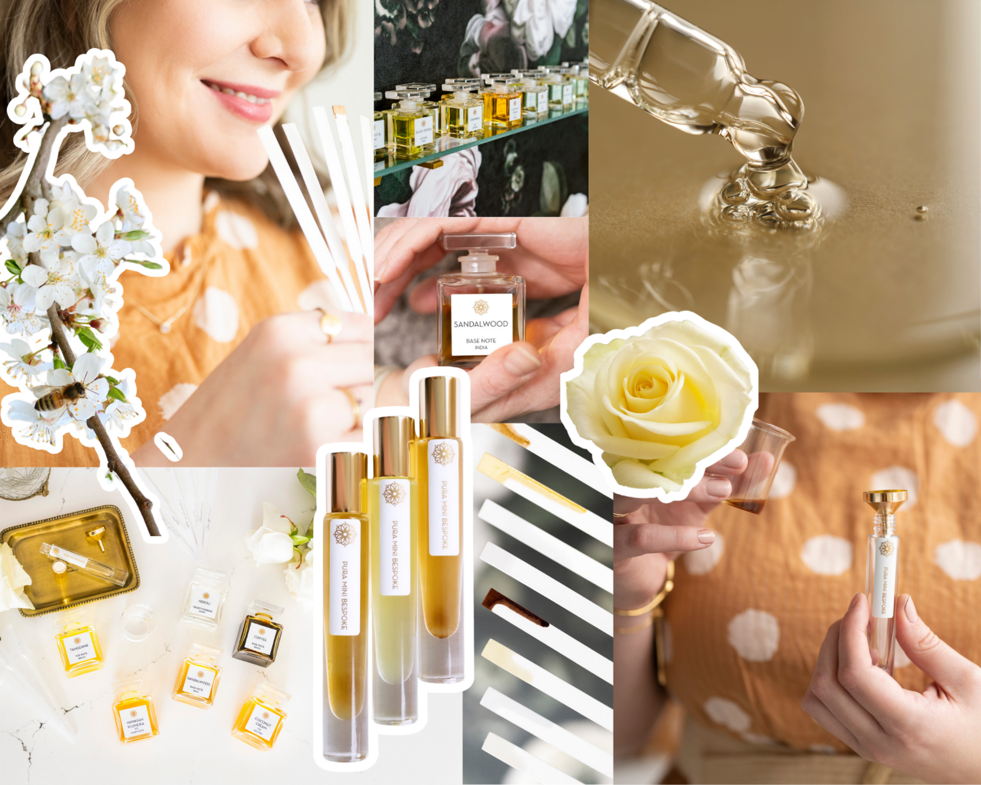 A collage of perfume bottles, flowers, oils, and hands blending scents during a perfuming experience.