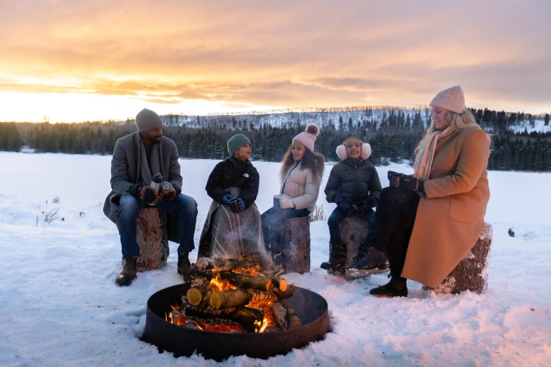 A family warms up around an open fire as the sun goes down, after a winter's sleigh ride in Diamond Valley