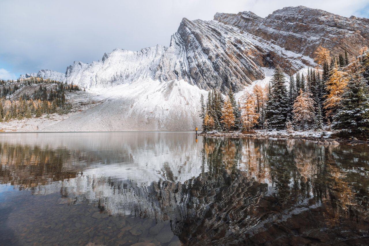Chester Lake in Kananaskis, with fresh snow on the mountain in the background