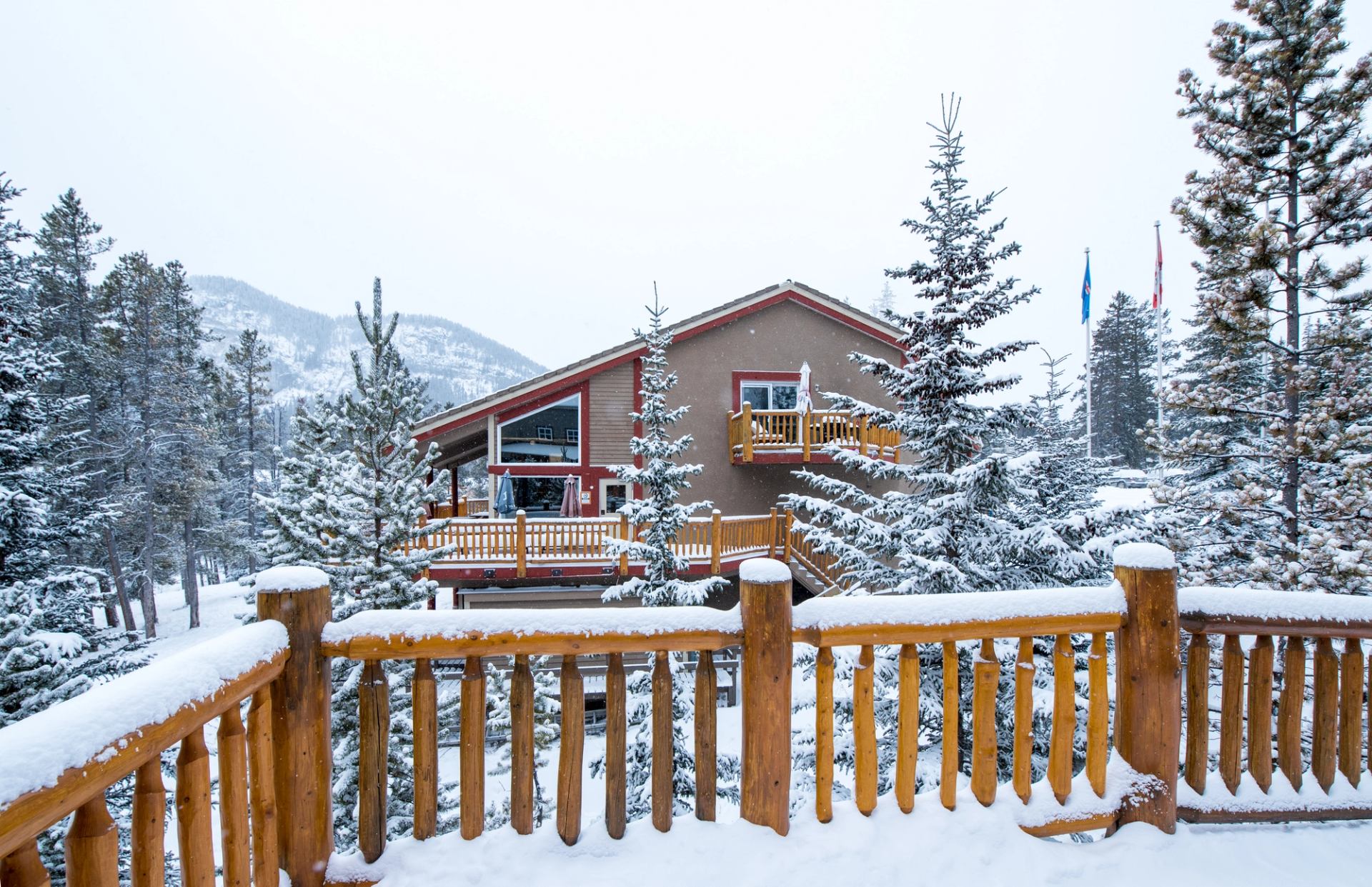 Snow-covered lodge surrounded by pine trees at HI Banff Alpine Centre.