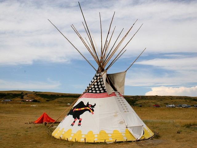 Tipi tent with painted horses and stars in a grassy field, with campers in distance.