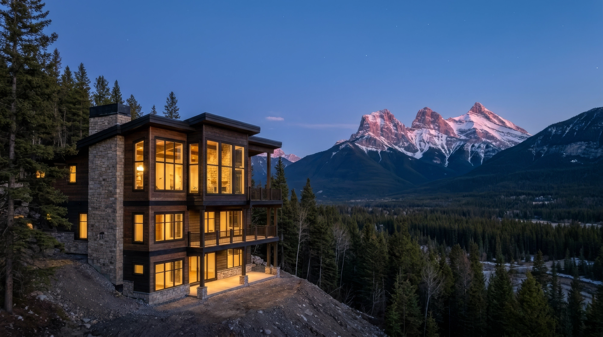 Modern mountainside house with glowing windows overlooking forested valley and snow-capped peaks.