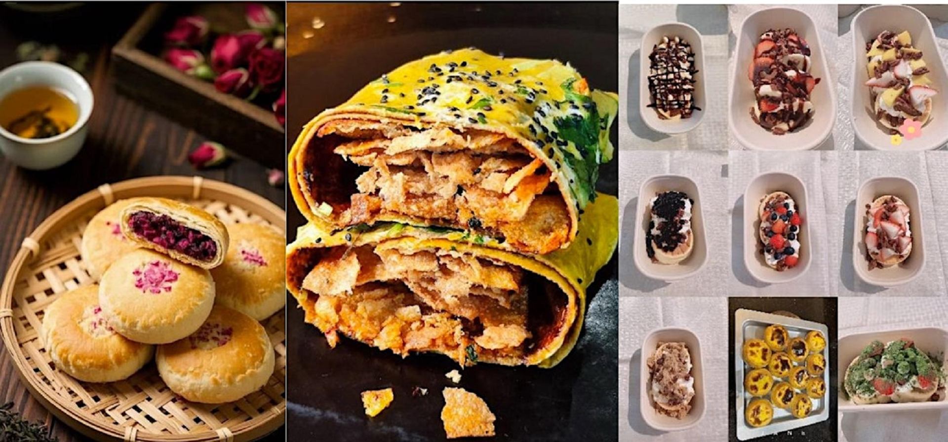 Asian treats: red bean pastries, crispy wraps, and assorted fruit-topped desserts.