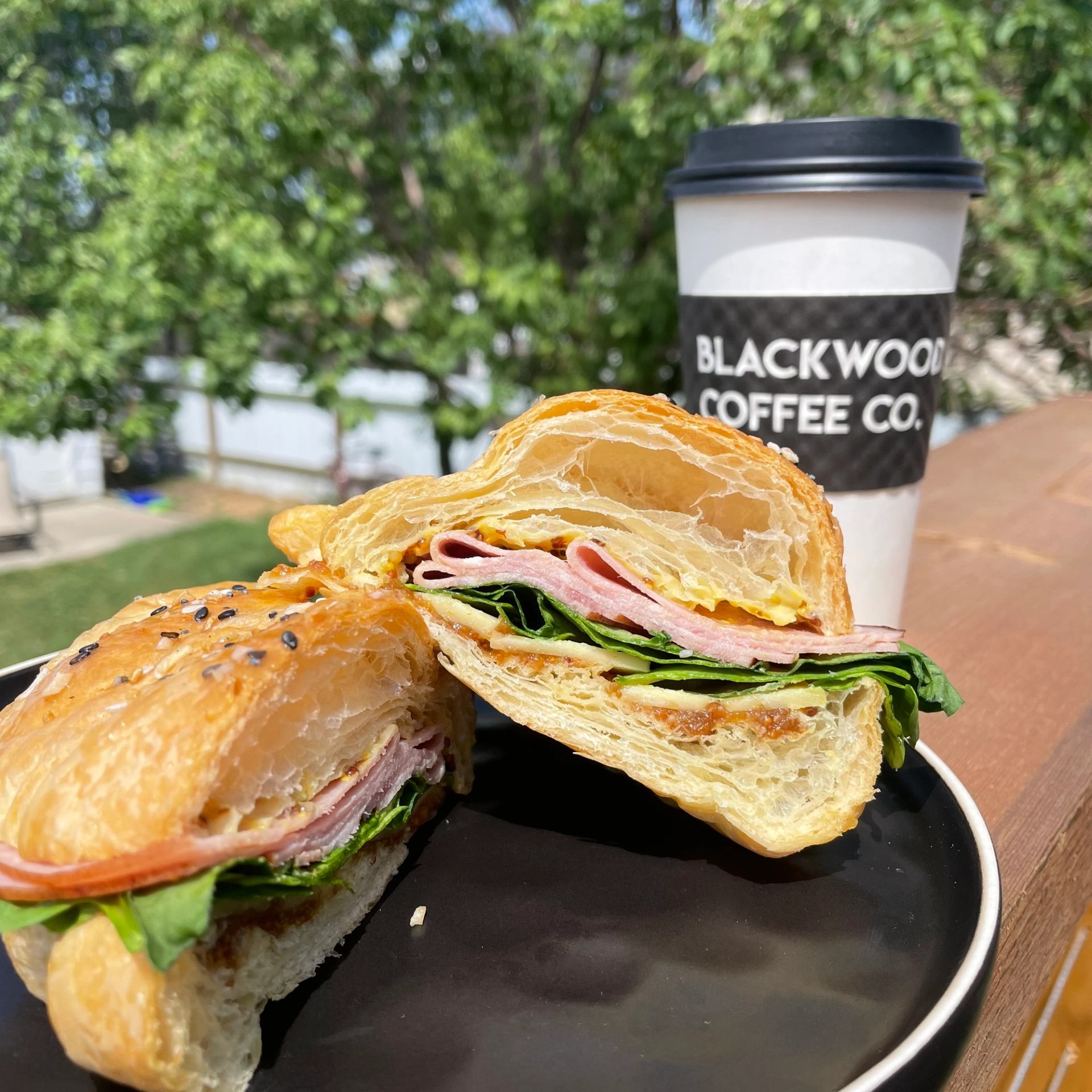 Croissant sandwich with ham and greens on plate beside BLACKWOOD COFFEE CO. cup.