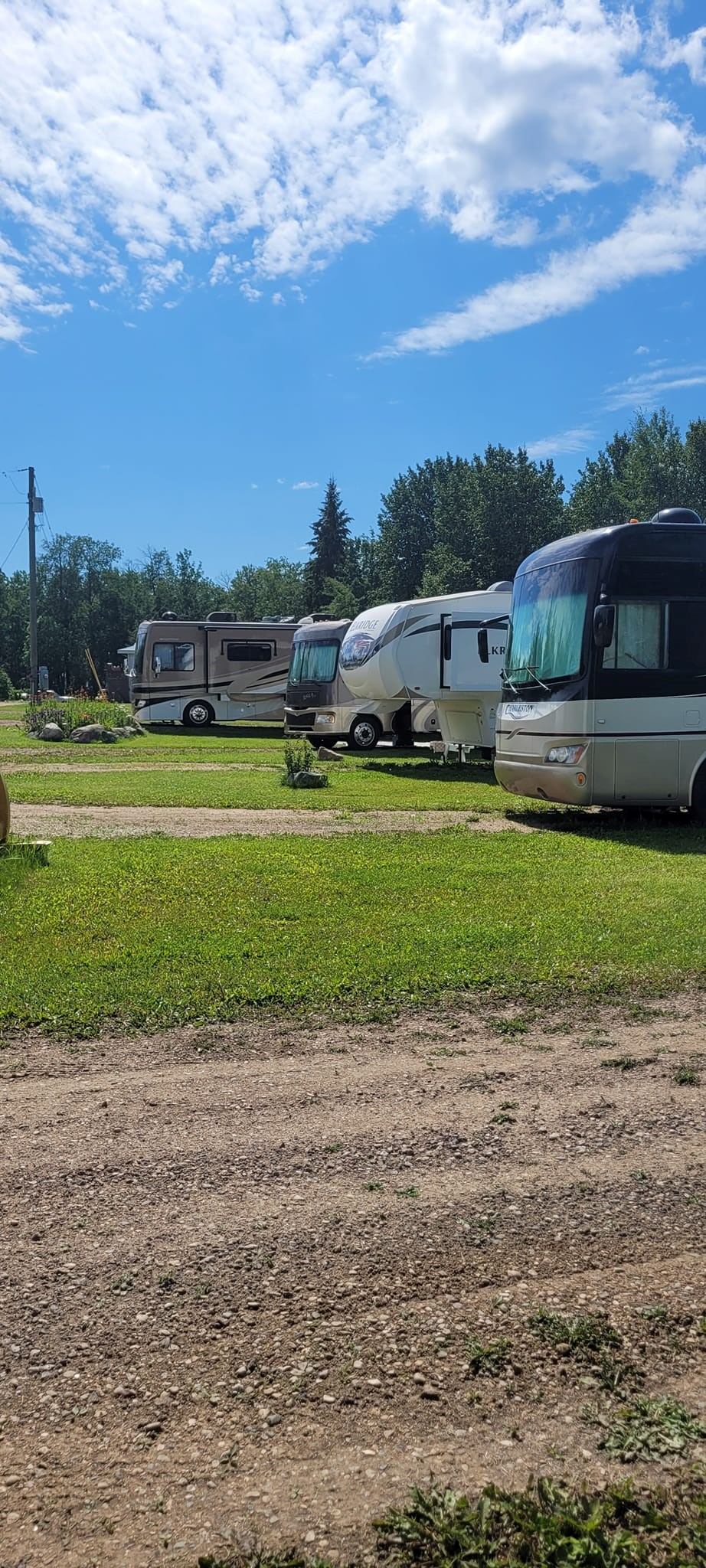 Row of RVs parked on grassy lots under a bright blue sky at RunWay RV Park.