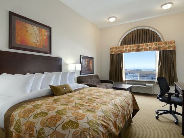 Hotel room with floral bedspread, sofa, desk, and arched window view.