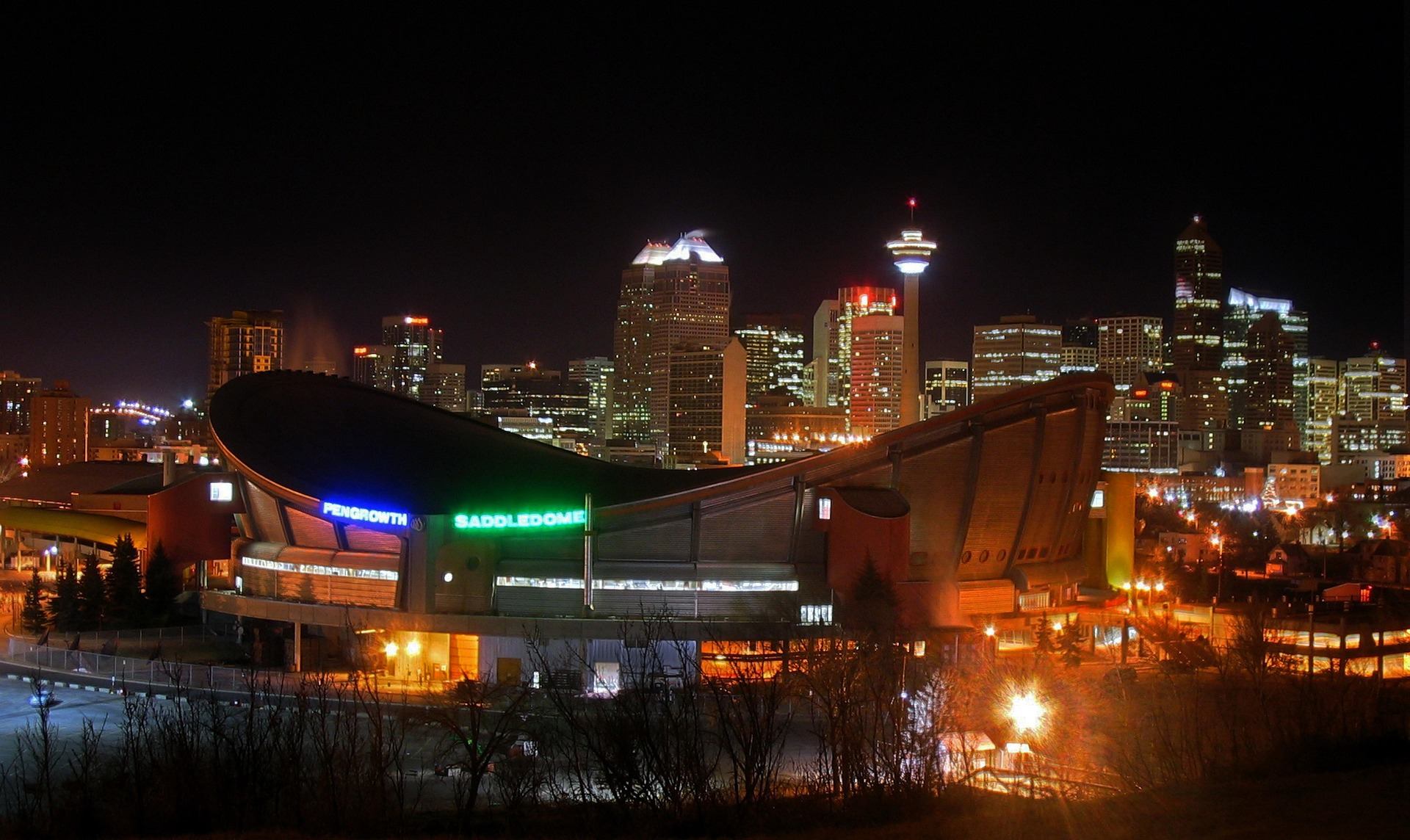 Scotiabank Saddledome and Calgary skyline at night with illuminated office towers.