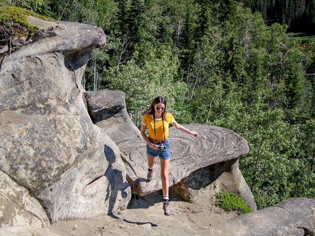 Women hiking in Sundance Provincial Park at the Hoodoos of the North.