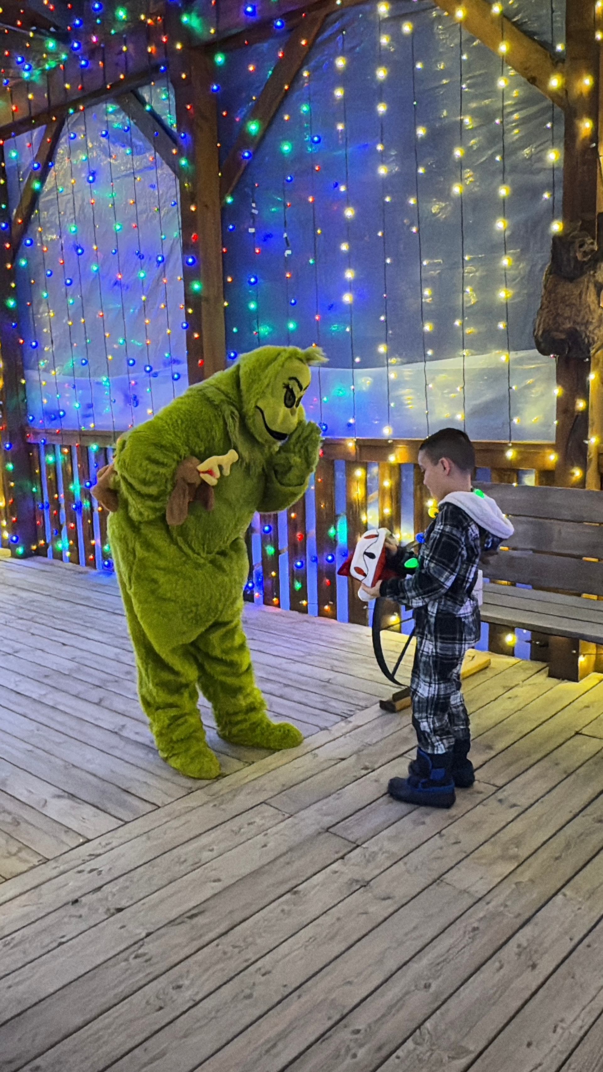 The Grinch speaking with a small child.