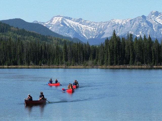Red canoes paddle across a calm lake with forested shore and snowy mountains.