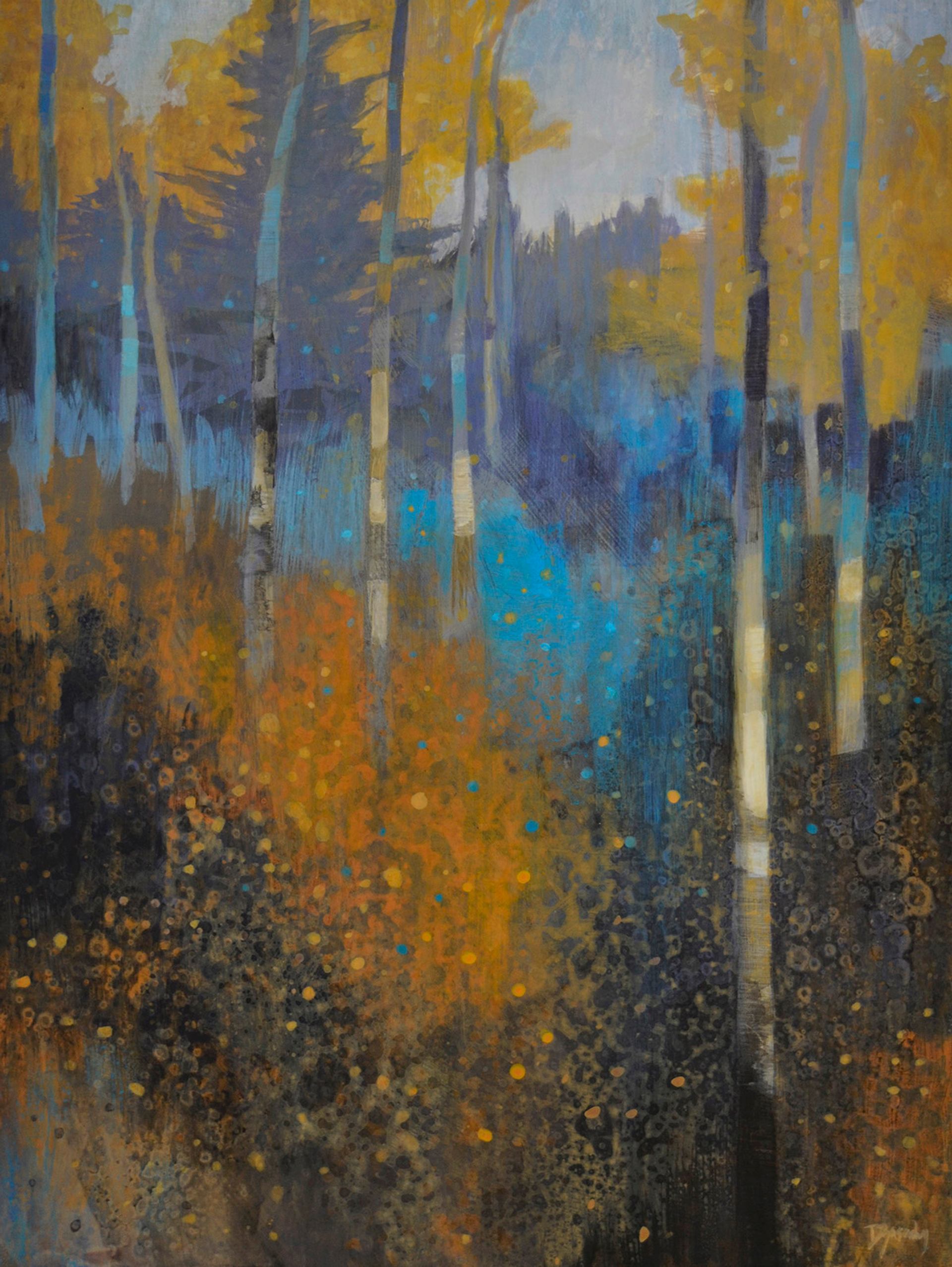 Stylized forest scene with tall trunks, layered textures, and glowing blue and gold.