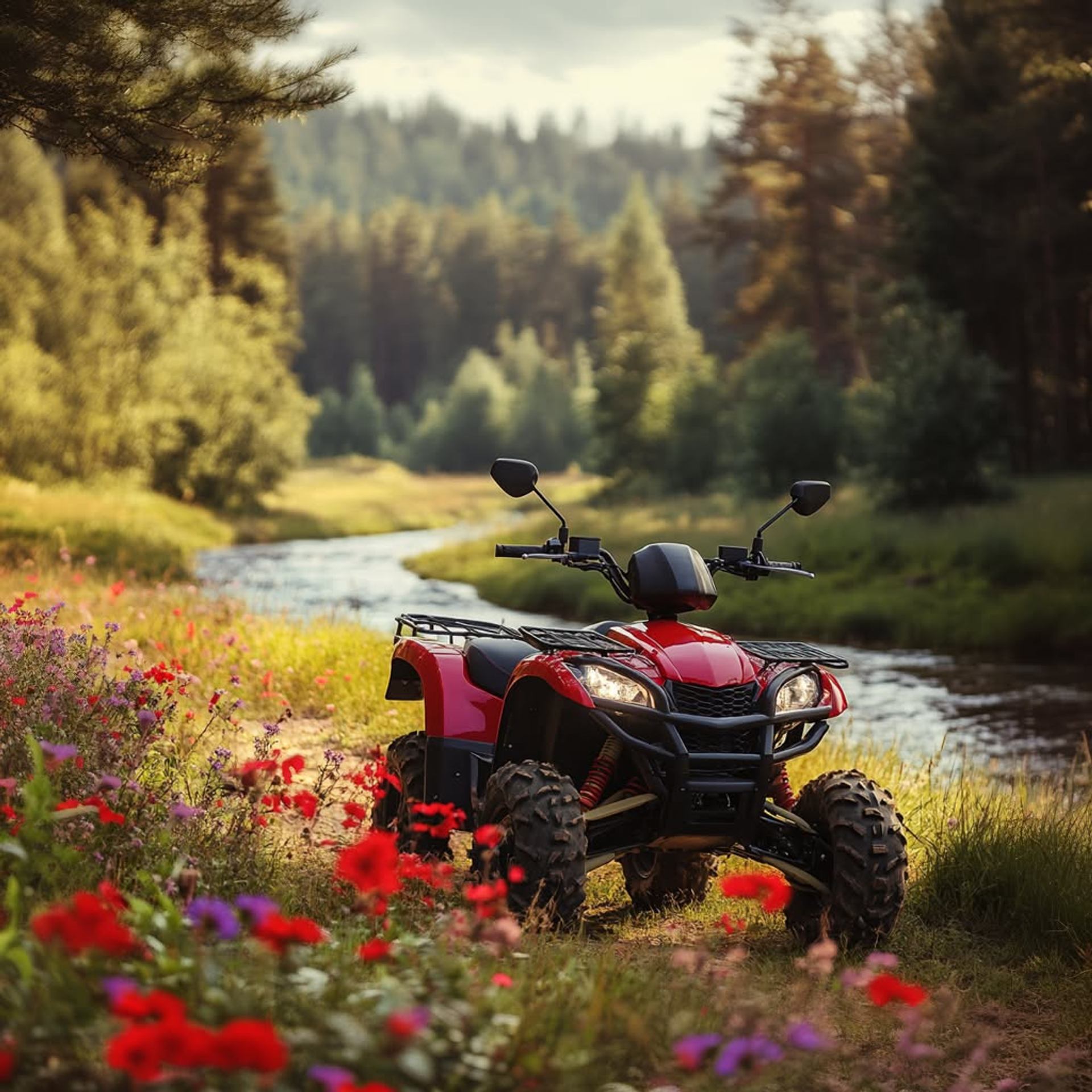 Red all-terrain vehicle beside a winding stream, wildflowers and forest.