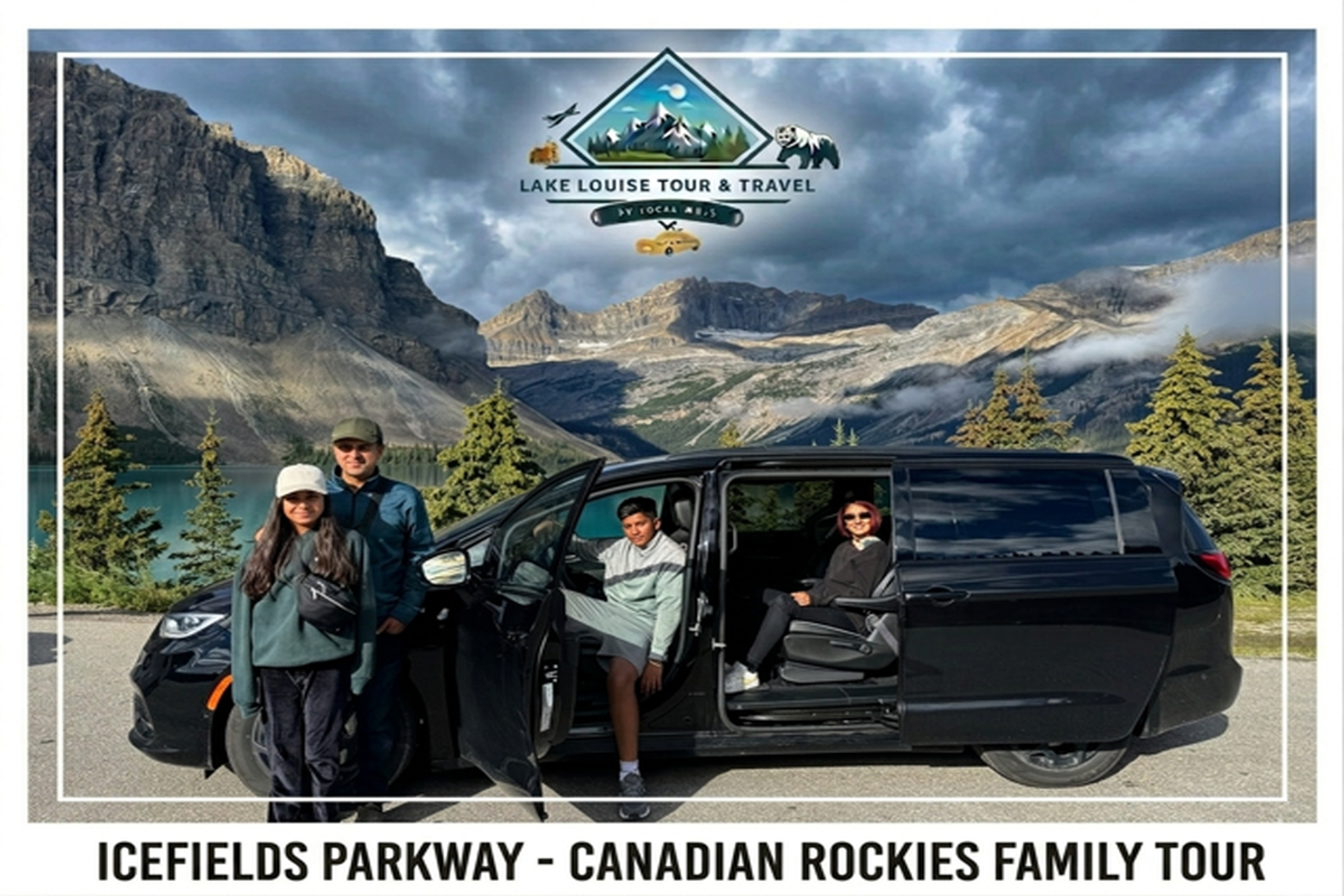Tour van with people posing beside turquoise lake, mountains and Lake Louise Tour & Travel logo