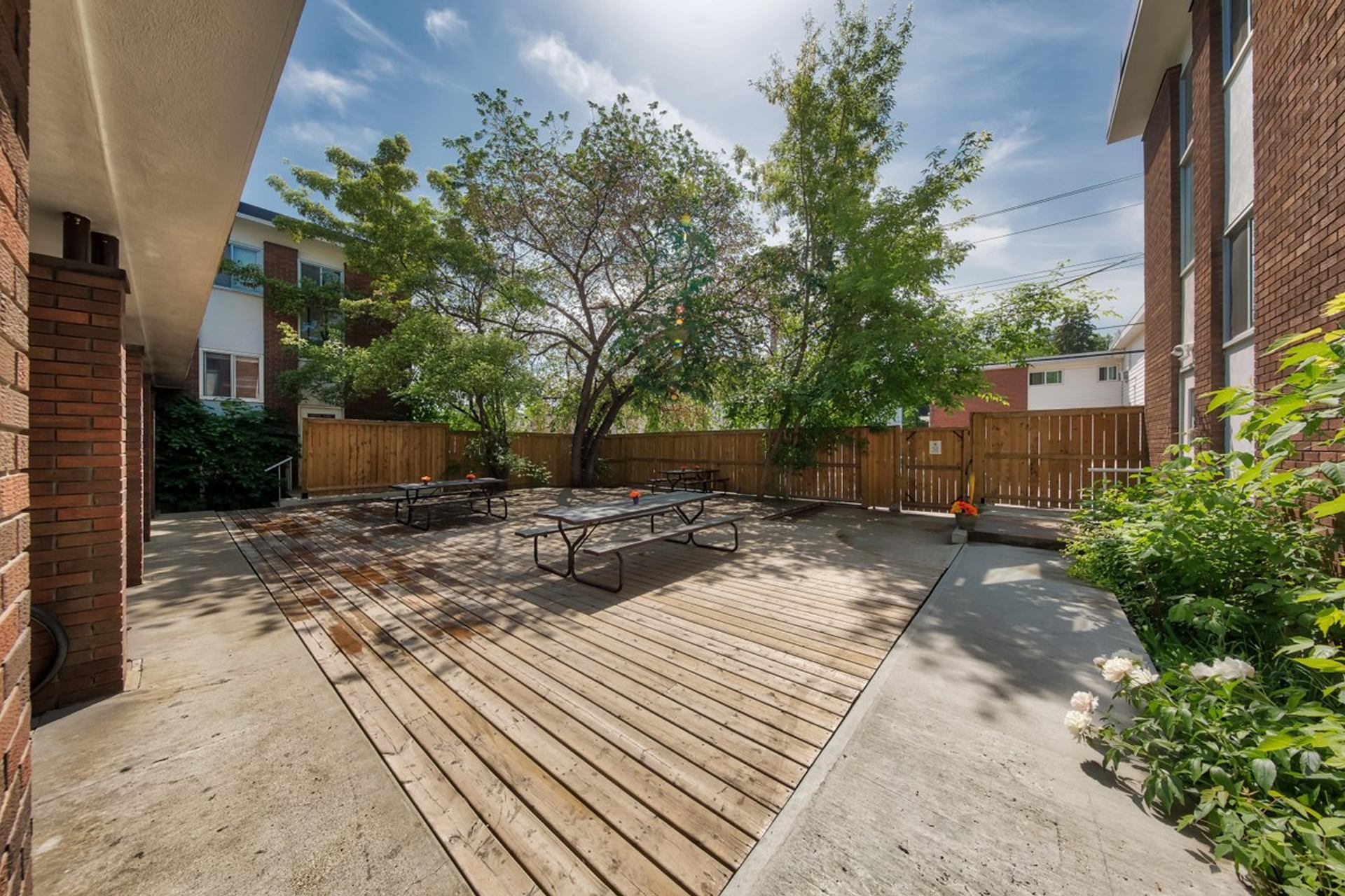 Outdoor patio with wooden deck, picnic tables, fenced yard with trees, and sunny blue skies.
