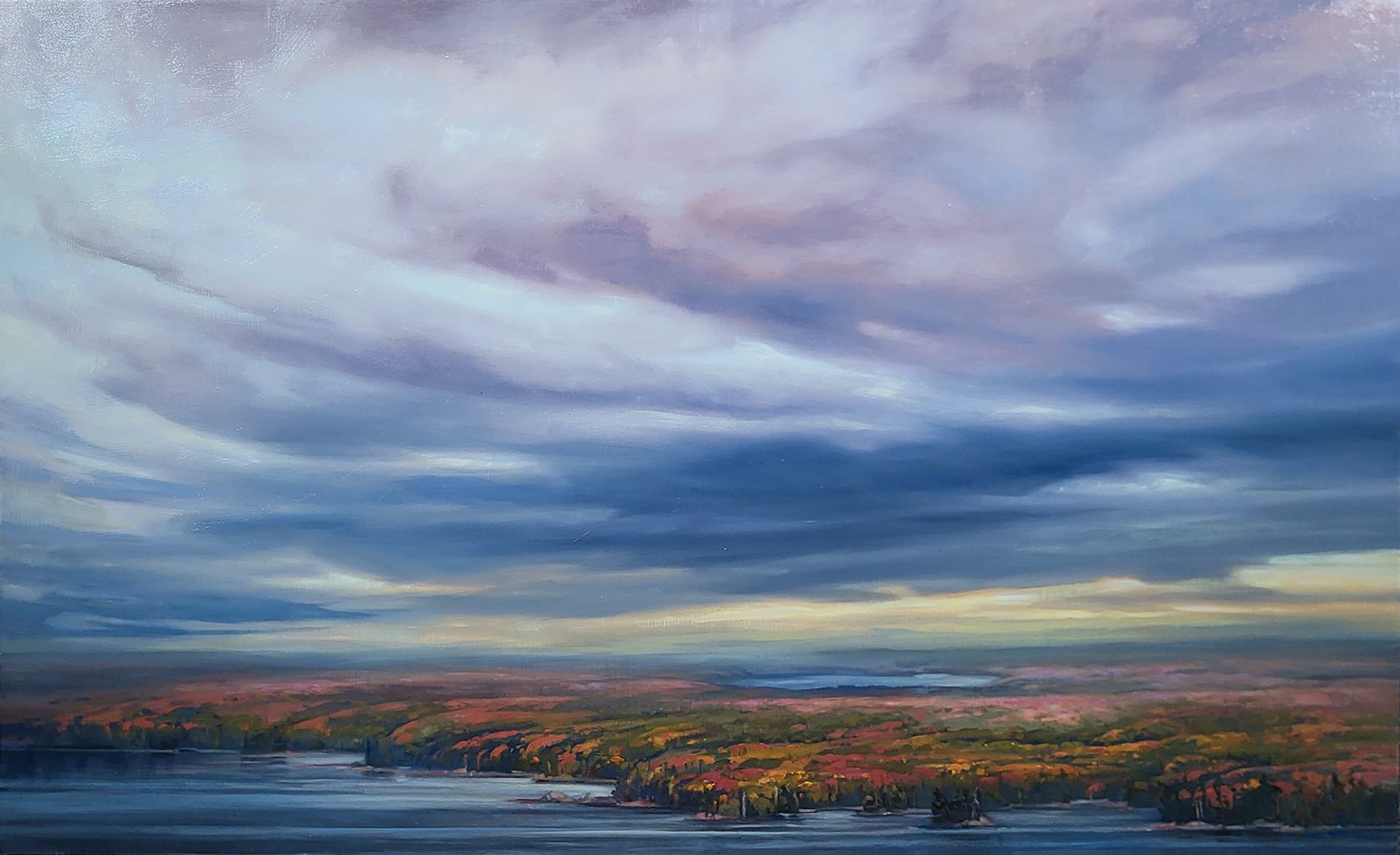 Landscape painting of colourful shoreline beneath layered blue, white and purple clouds.