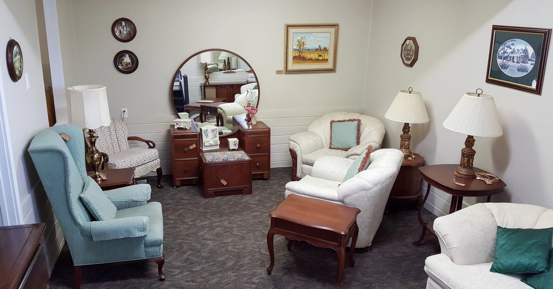 Display of furniture inside the store.