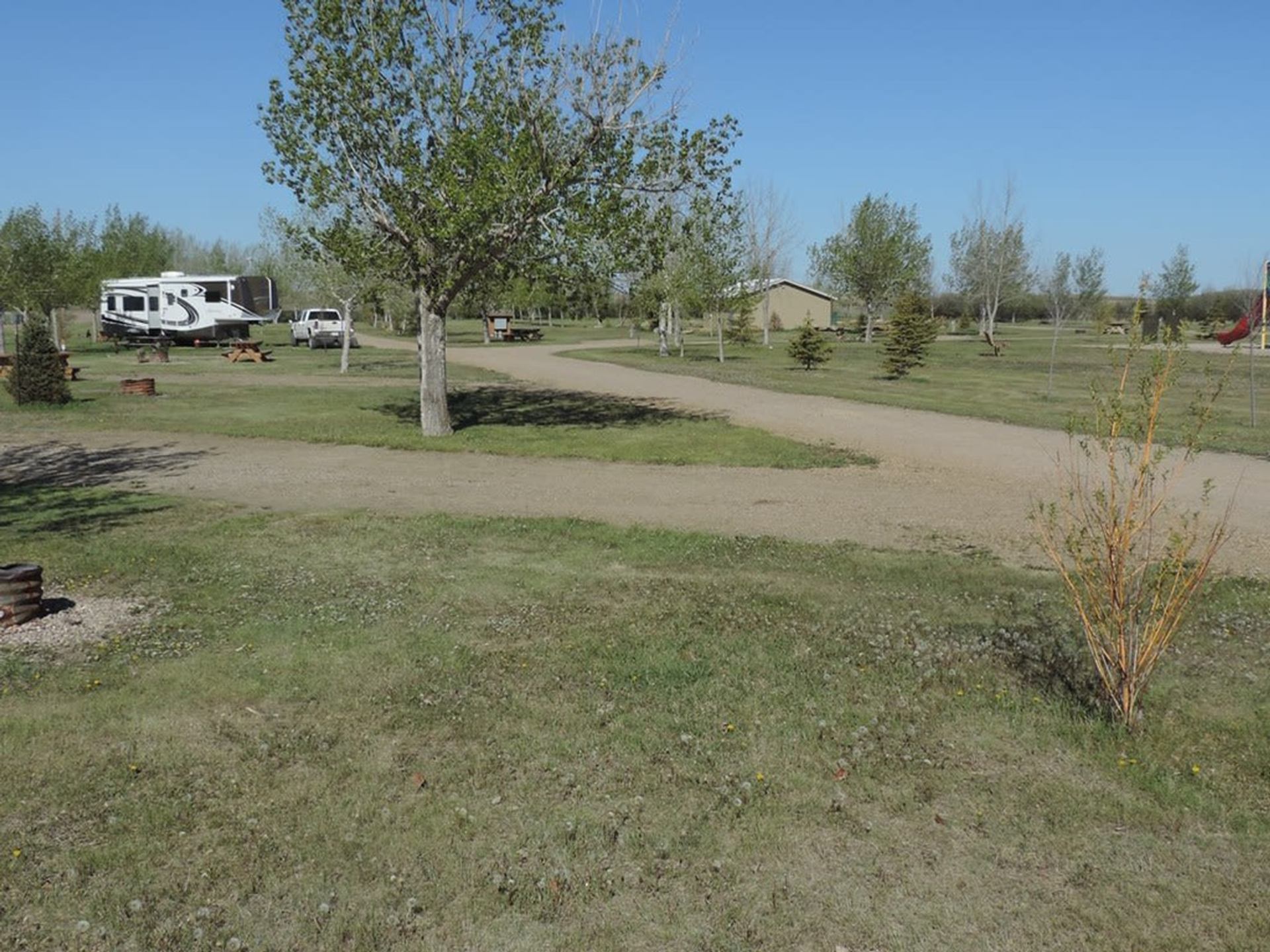 Open campground with RV, gravel road, scattered trees, picnic tables and small playground.