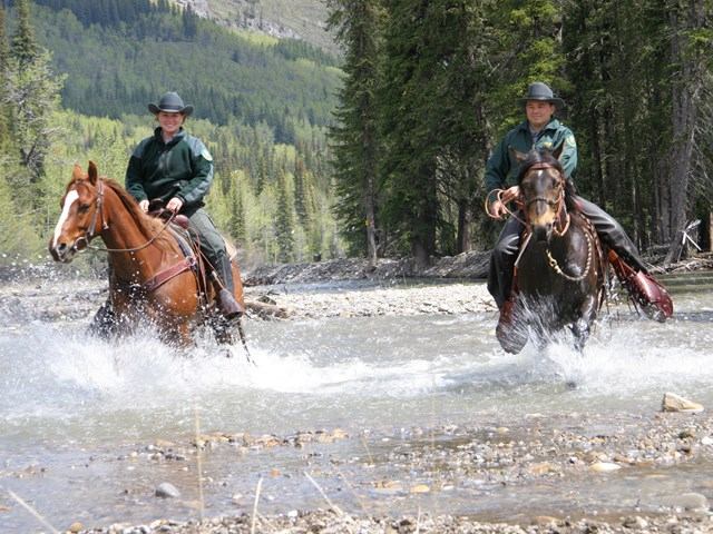 Two horseback riders splashing through a shallow creek in a forested mountain area.