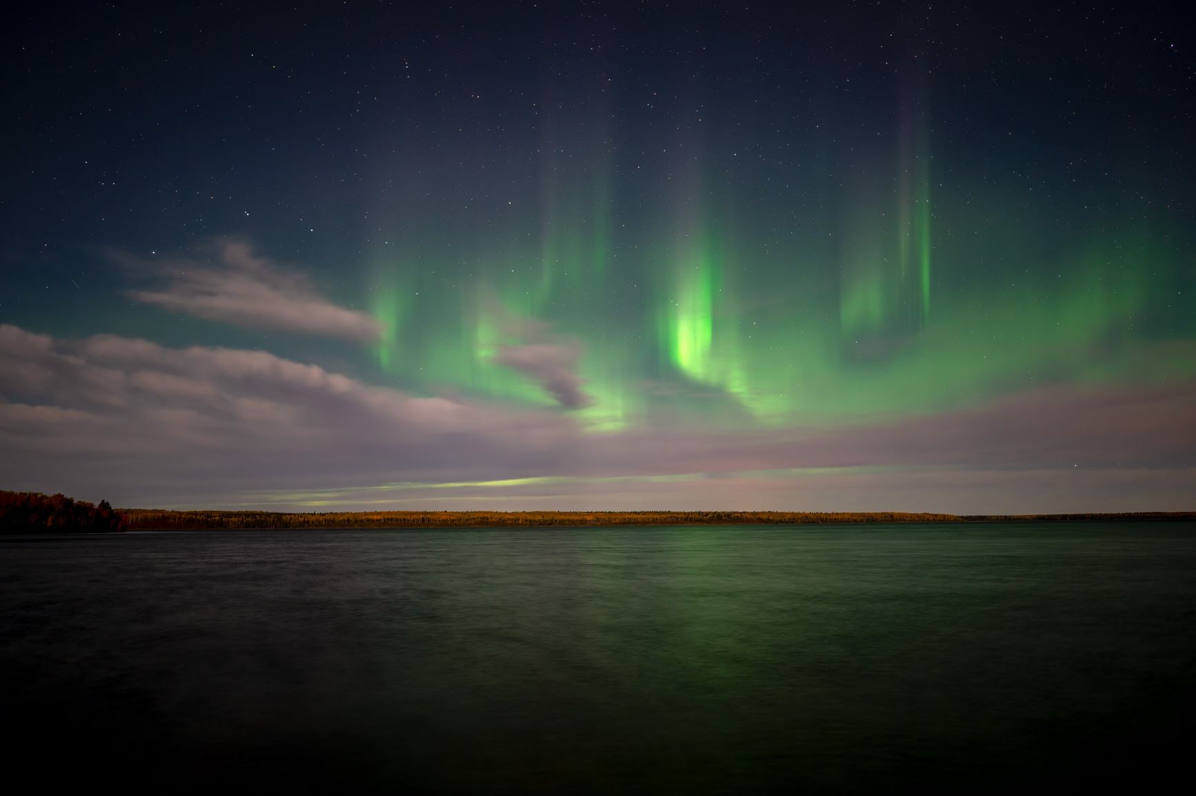 Green aurora lights glowing above a calm lake under a starry night sky.
