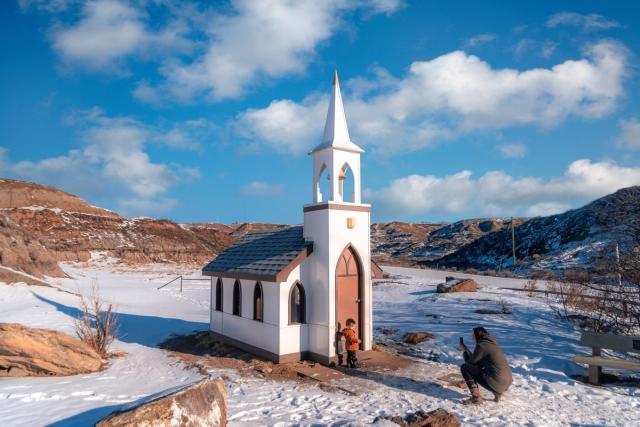 The exterior of Drumheller's Little Church in Alberta.