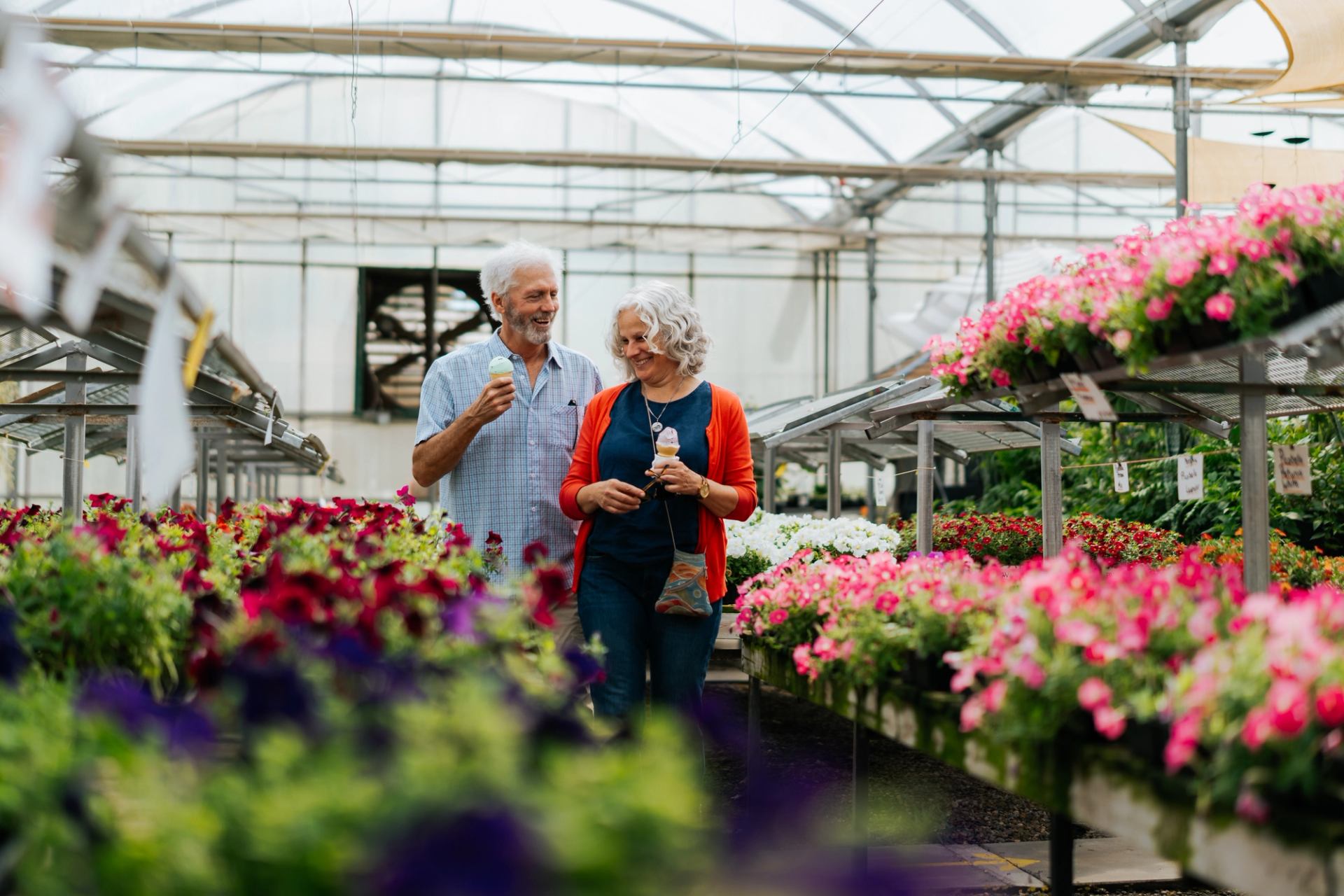 Two adults walking through a bright greenhouse filled with colorful flowers.