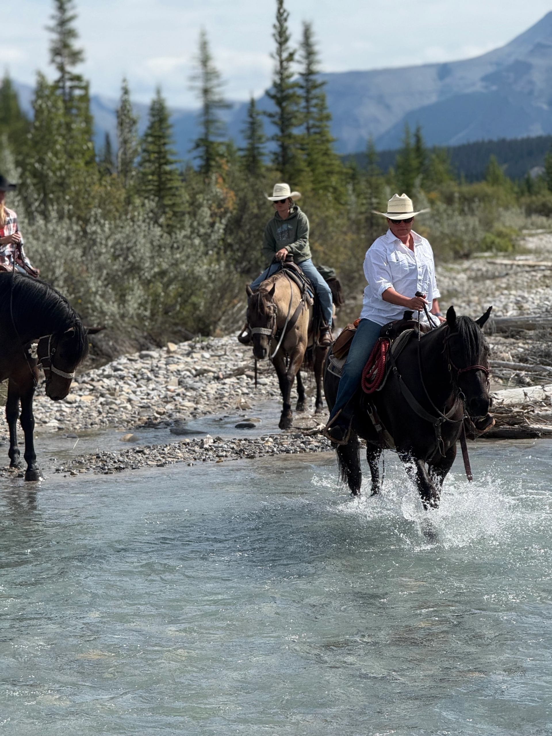 Horseback riders crossing a shallow, clear river surrounded by forest and peaks.