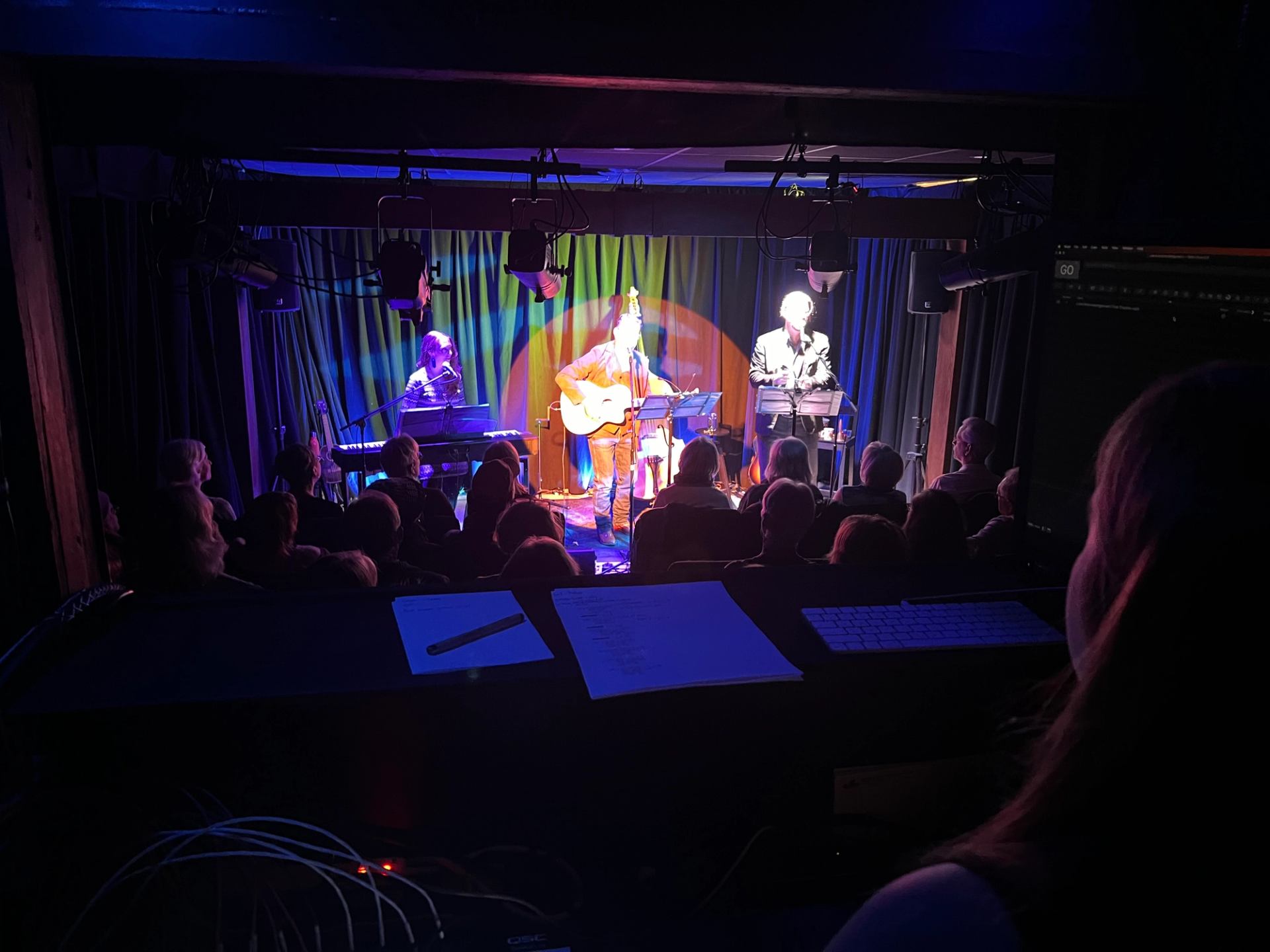 Small band performs on colourful lit stage before seated audience in dark theatre.