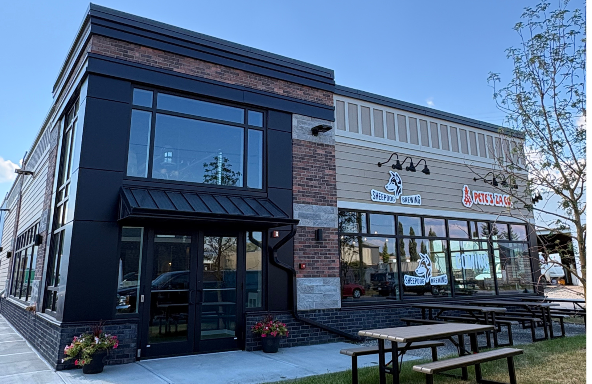 Sheepdog Brewing and Pete's Za signs mark a brick storefront with outdoor tables.